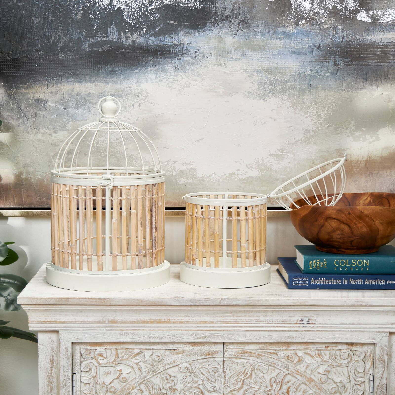 Brown Bamboo Wood Handmade Birdcage Set with White Metal Accents