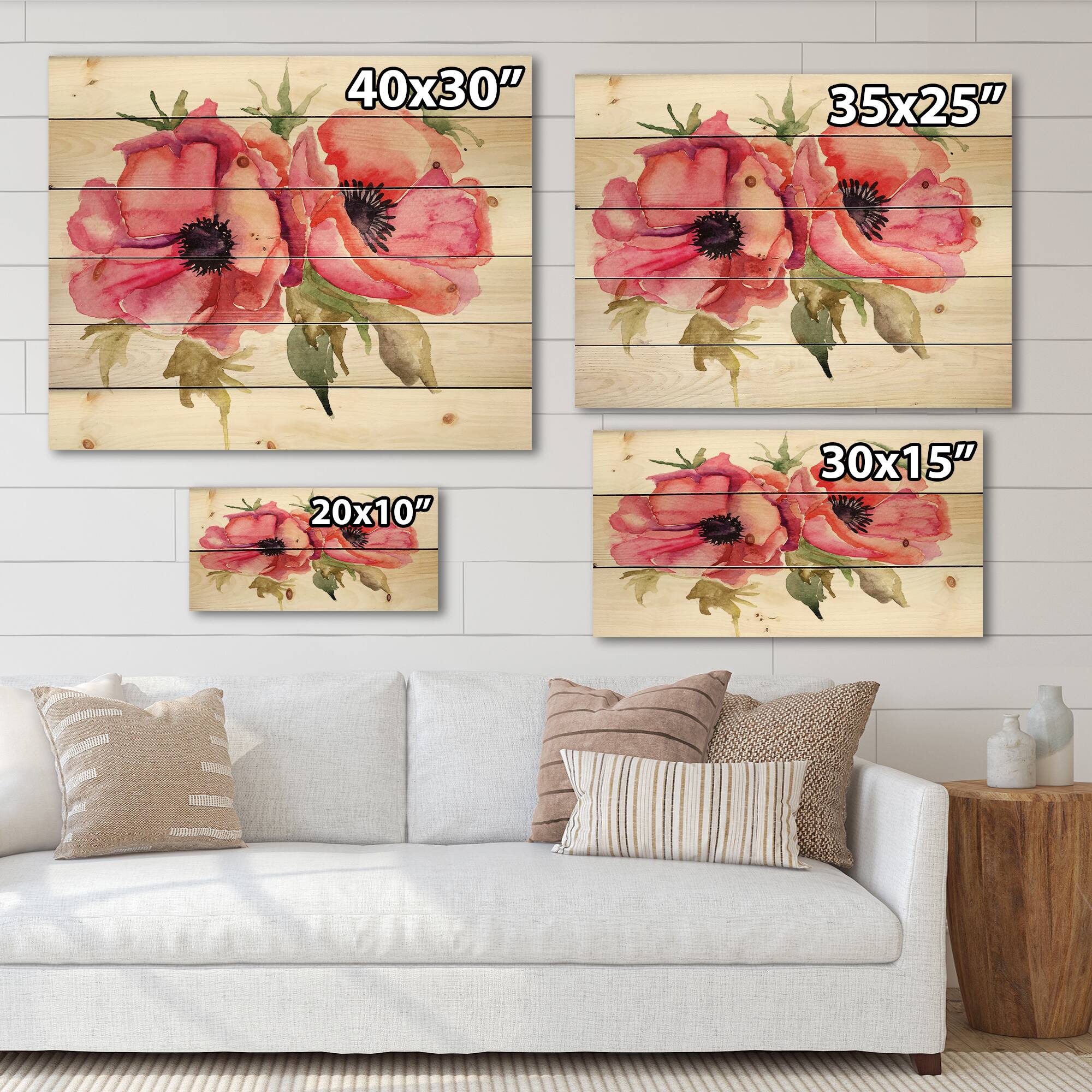 Designart - Stylized Poppy Flowers - Traditional Print on Natural Pine Wood