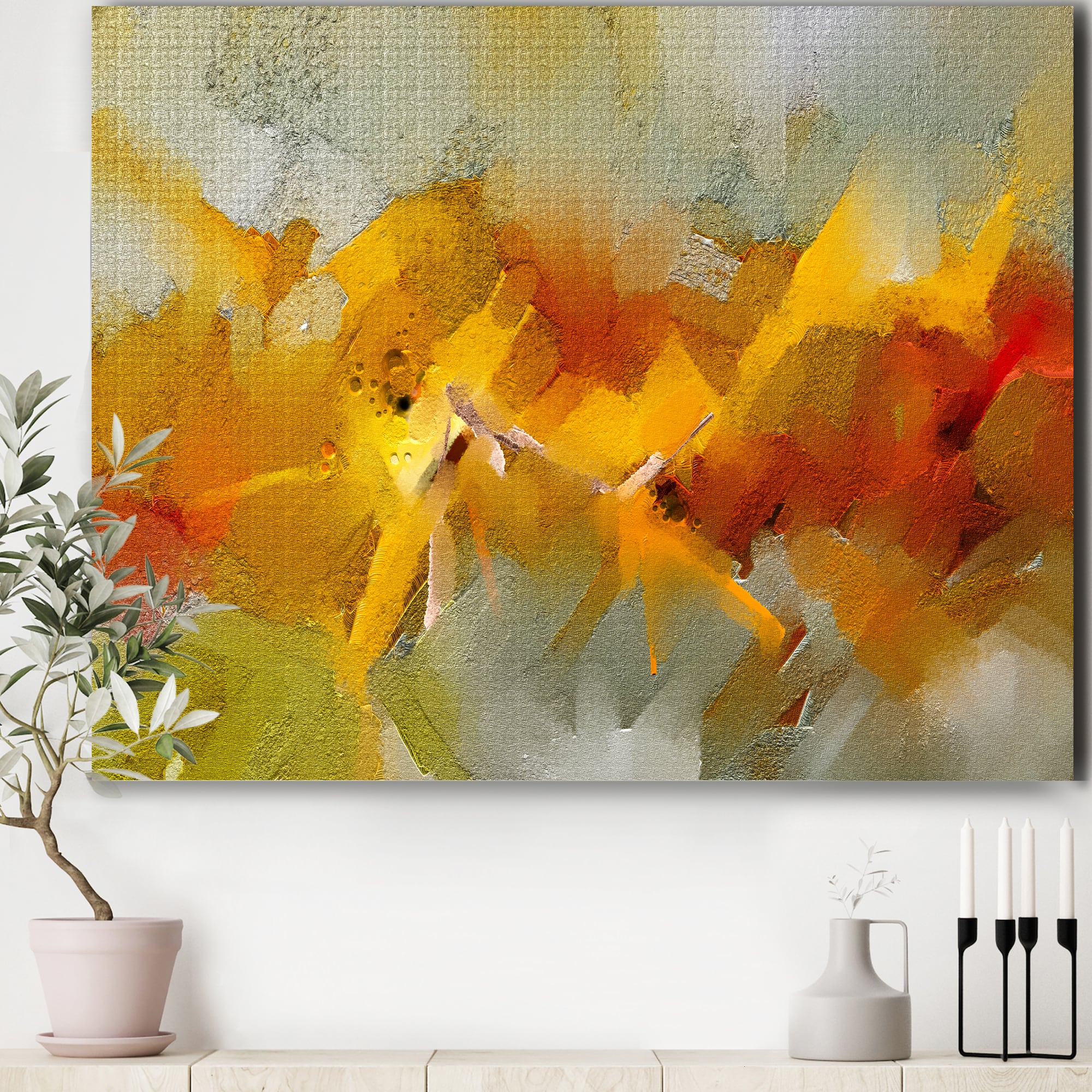Designart - Hand Drawn Oil Brush Strokes In Yellow And Orange - Modern Canvas Wall Art Print