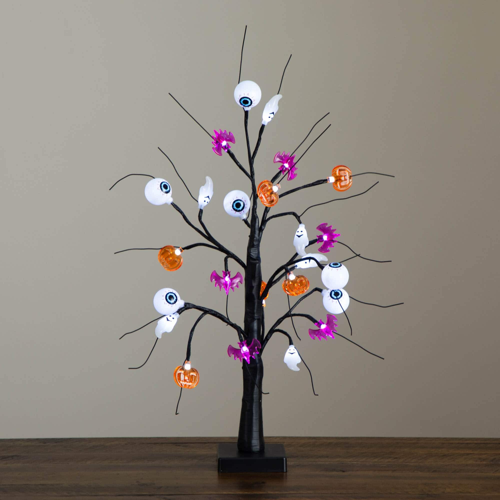 2ft. Pre-Lit Artificial Halloween Eyeballs, Ghosts, Bats &#x26; Pumpkins 24 LED Lighted Ornament Tree