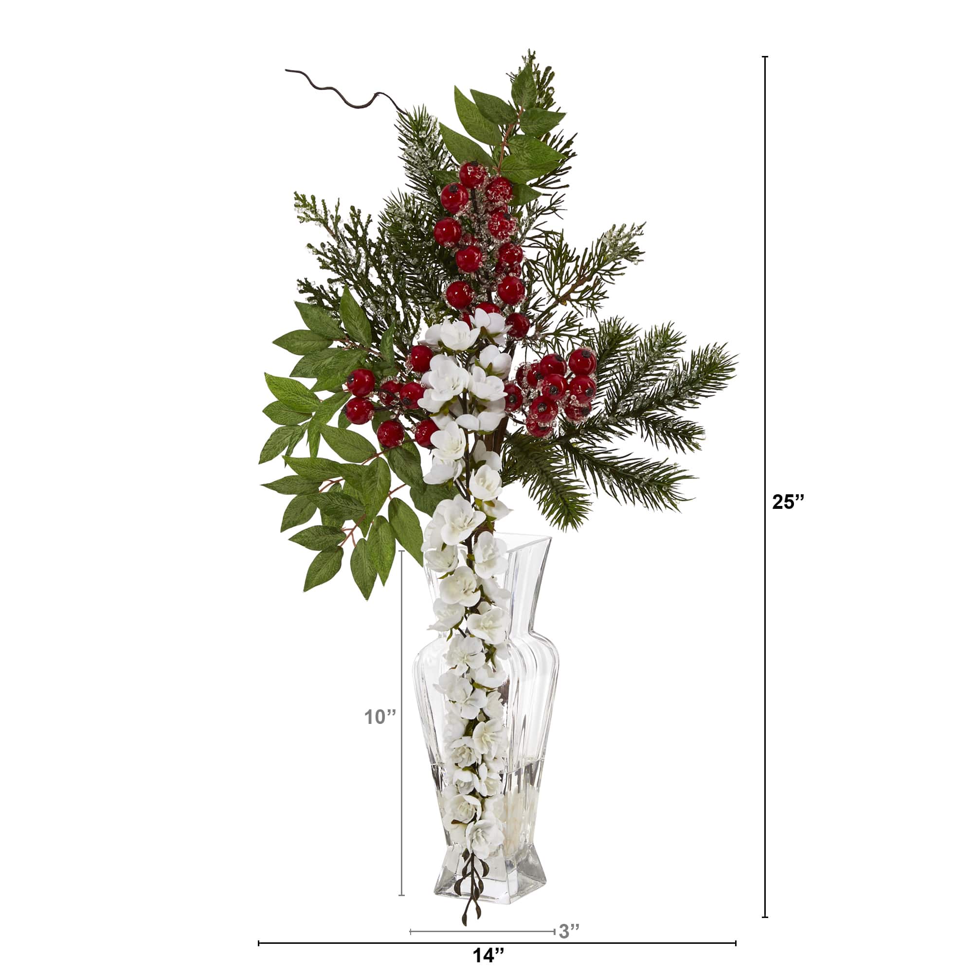 25in. Wisteria, Iced Pine &#x26; Berries Arrangement in Glass Vase