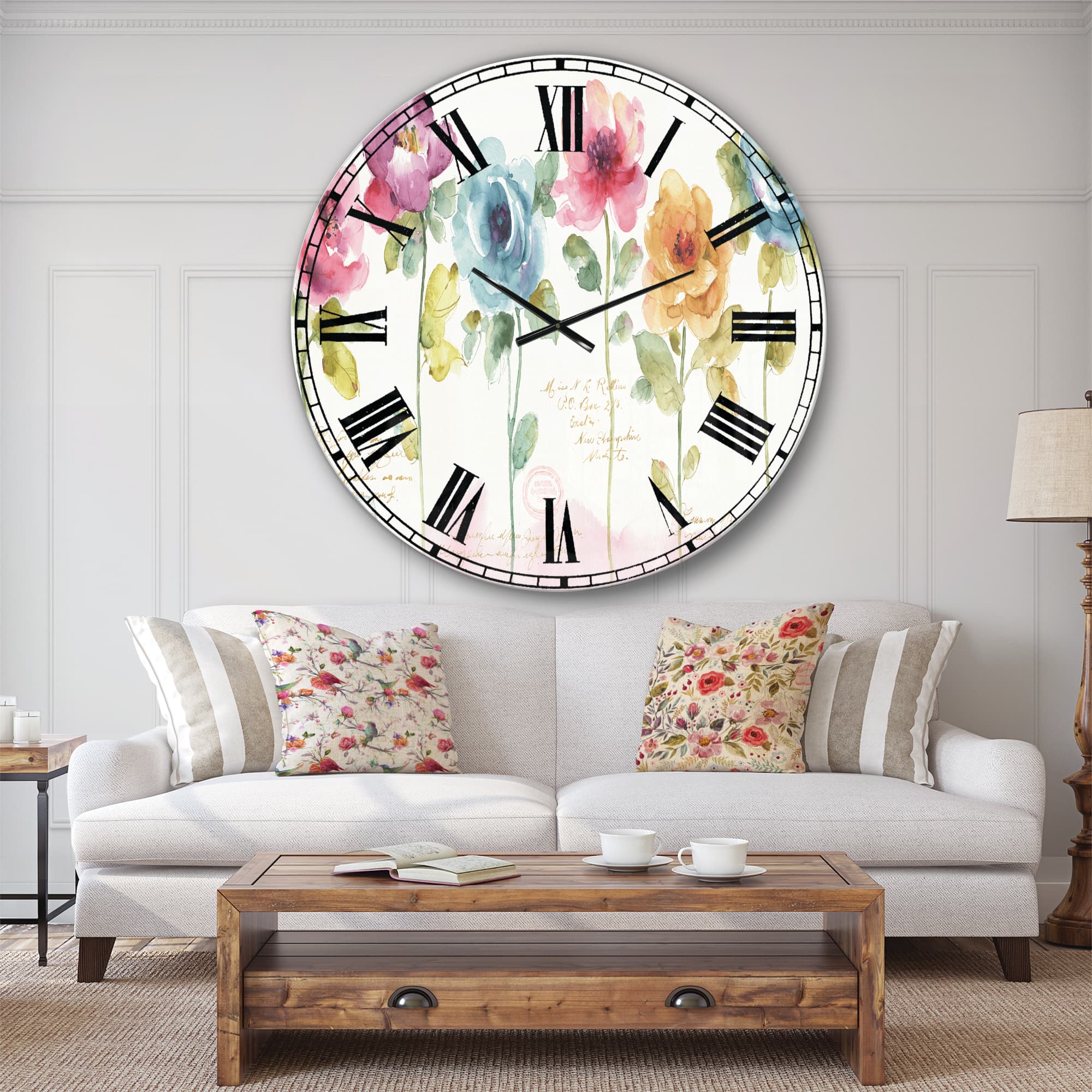 Designart &#x27;Handpainted Rainbow Coloured Cottage Roses Traditional Wall Clock