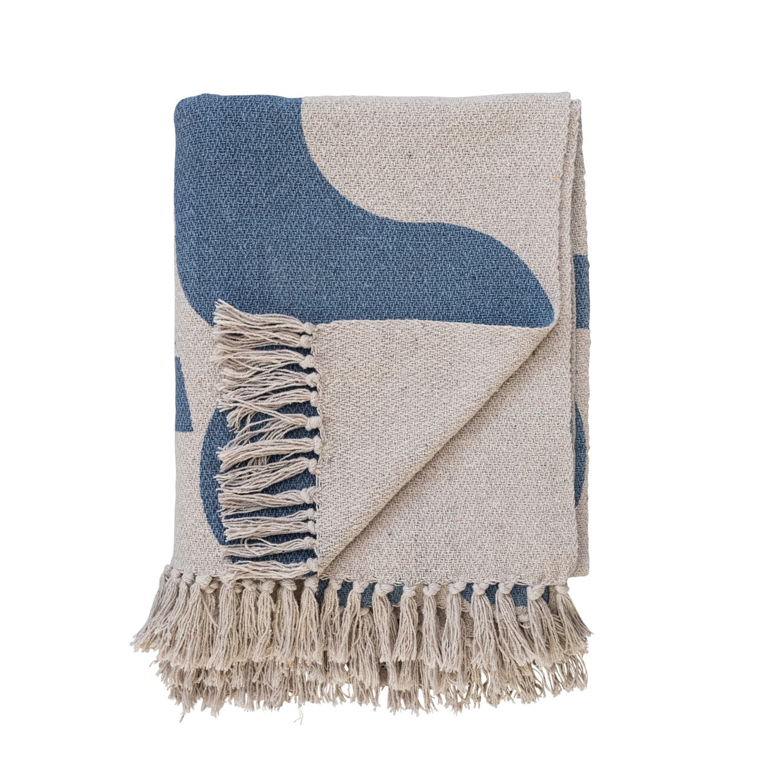 Blue &#x26; Beige Abstract Design Printed Woven Reclaimed Cotton Blend Throw Sheet with Fringe