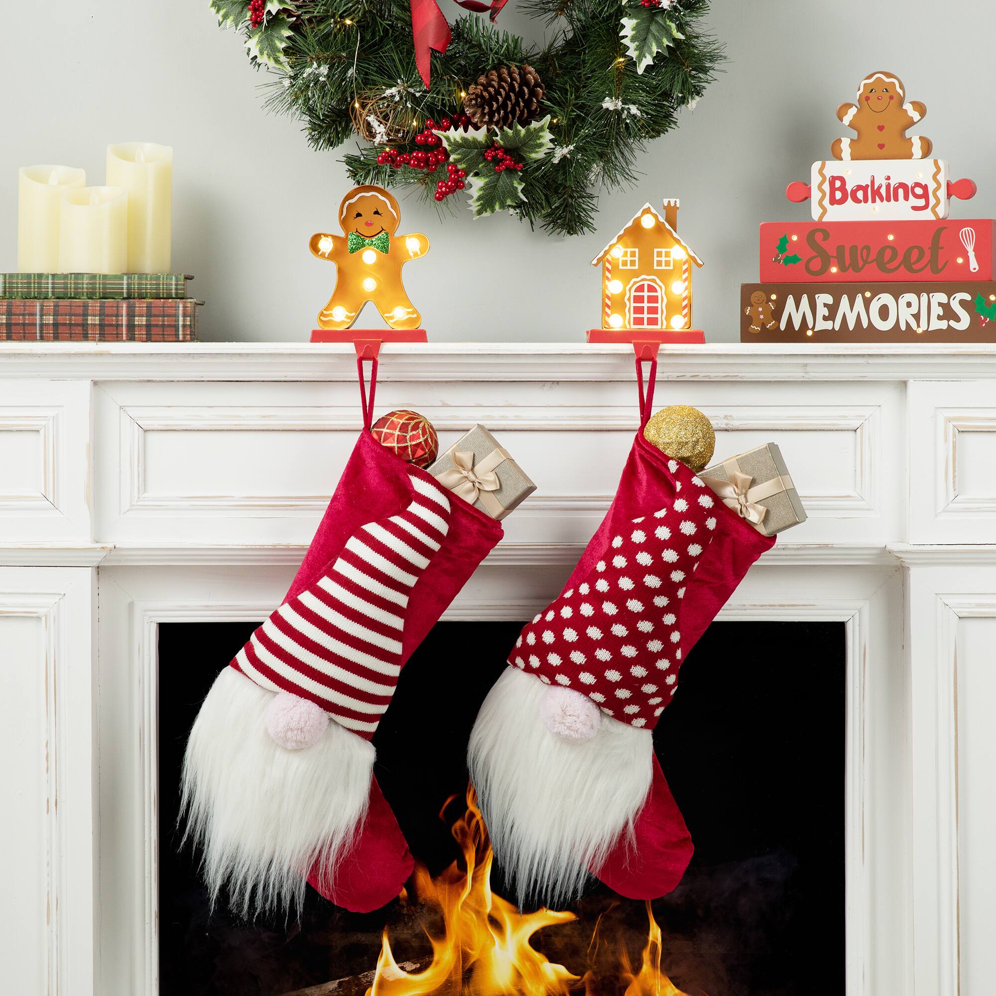 Glitzhome&#xAE; Marquee LED Gingerbread House &#x26; Gingerbread Man Christmas Stocking Holder Set