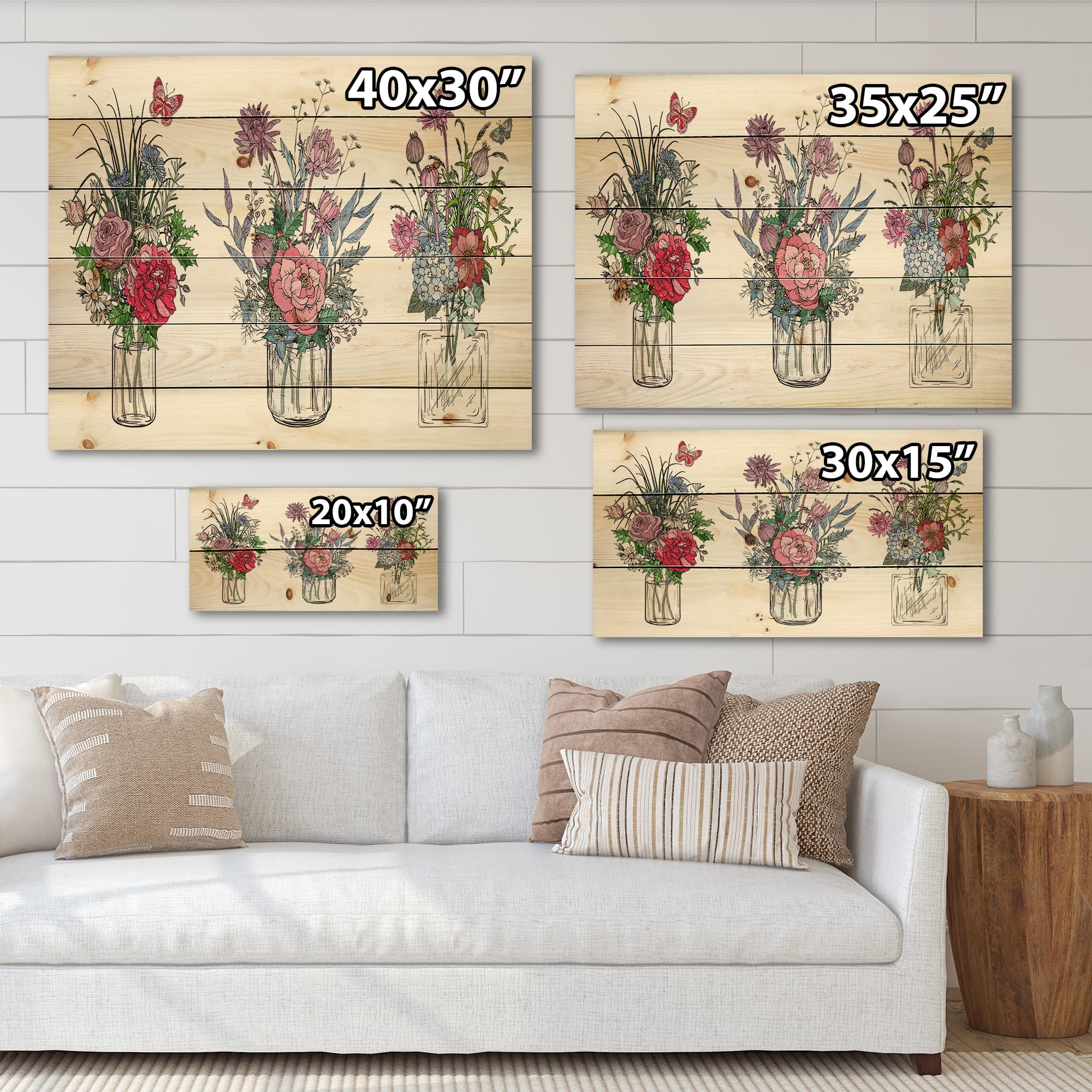 Designart - Bouquets of Wildflowers In Transparent Vases I - Farmhouse Print on Natural Pine Wood