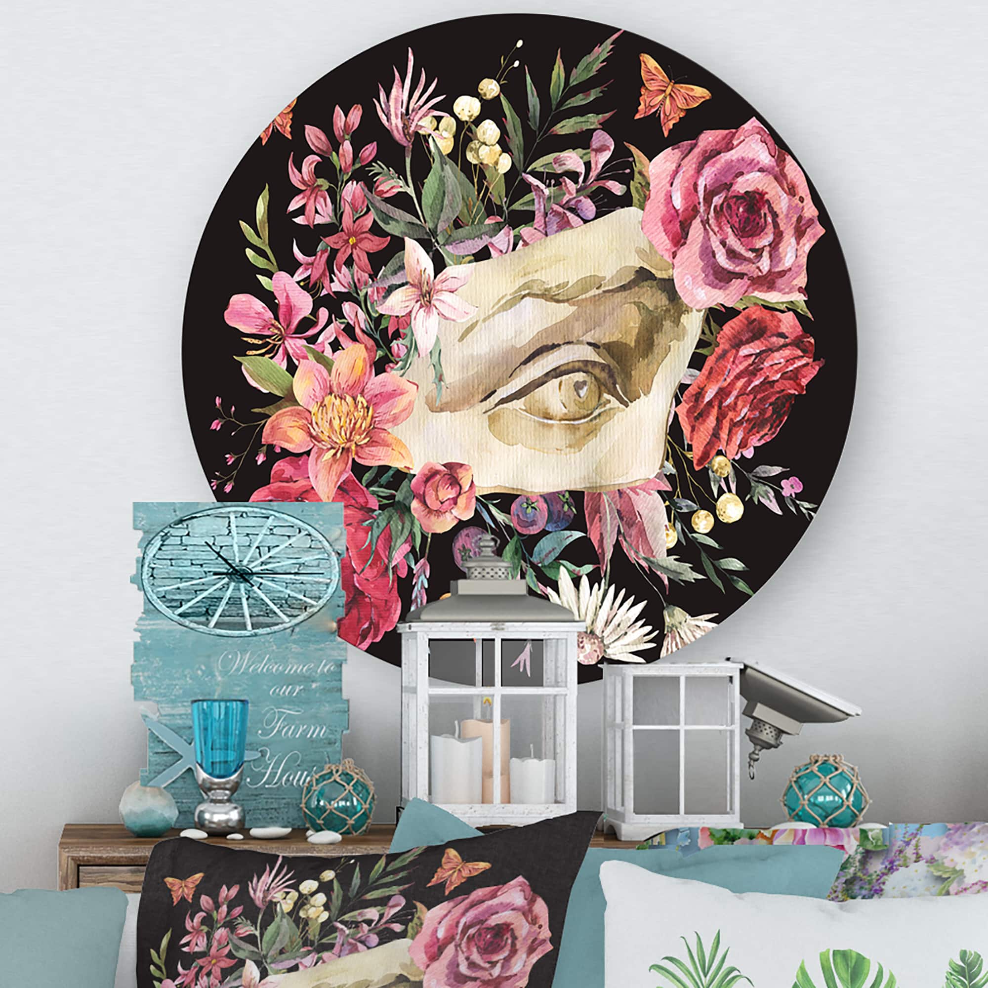 Designart - Greek Sculpture David Eye With Dried Wildflowers - Farmhouse Metal Circle Wall Art