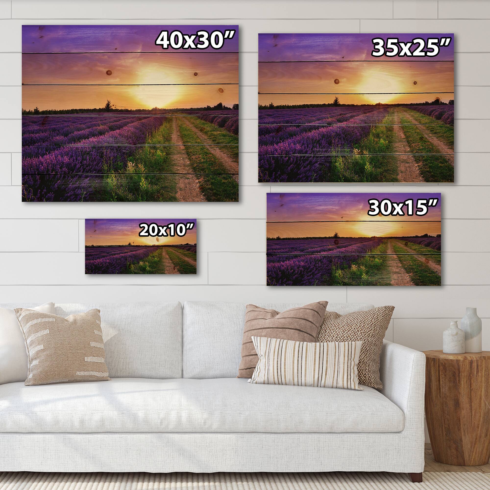 Designart - Lavender Field At Dawn II - Farmhouse Print on Natural Pine Wood