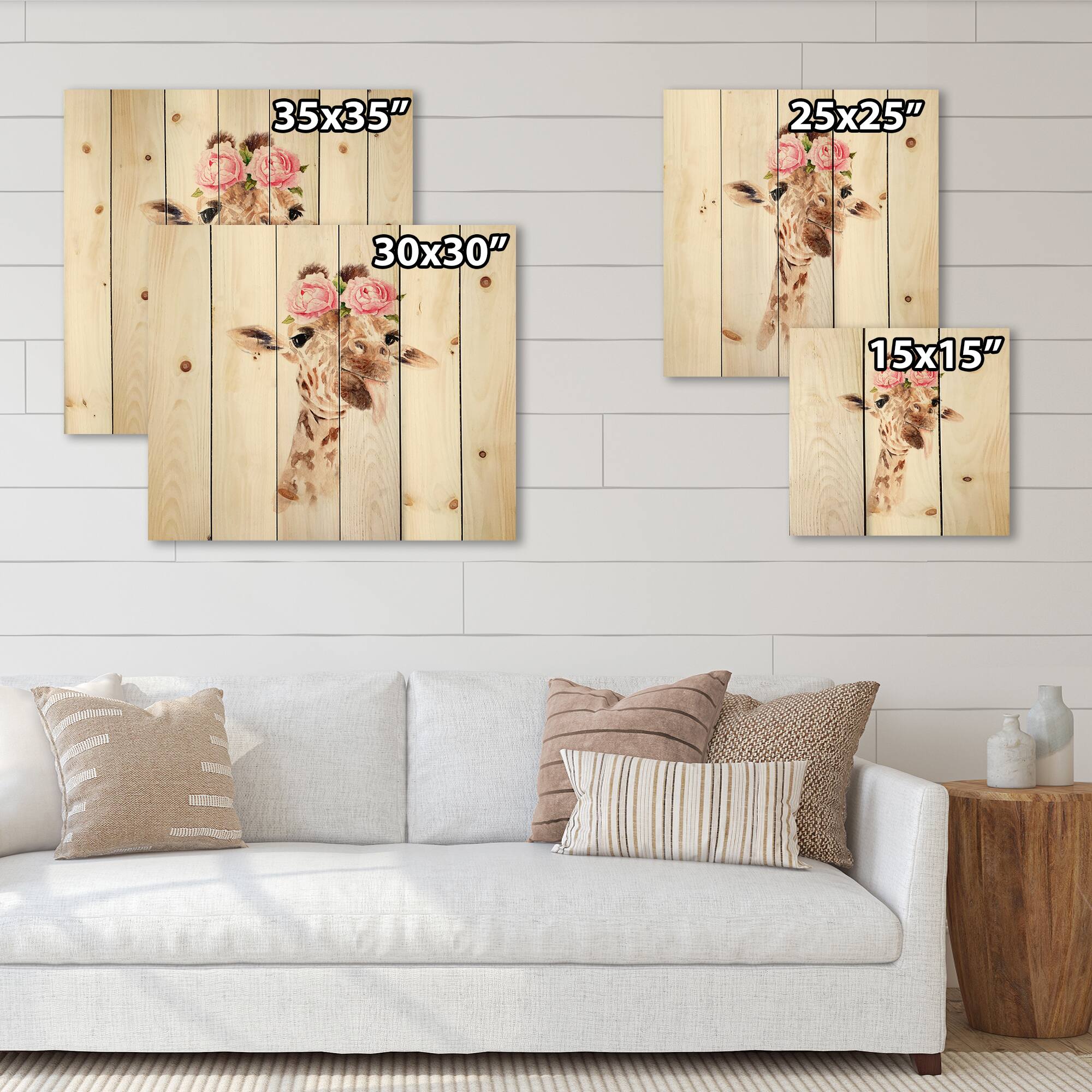 Designart - Portrait of A Giraffe With Flowers I - Farmhouse Print on Natural Pine Wood