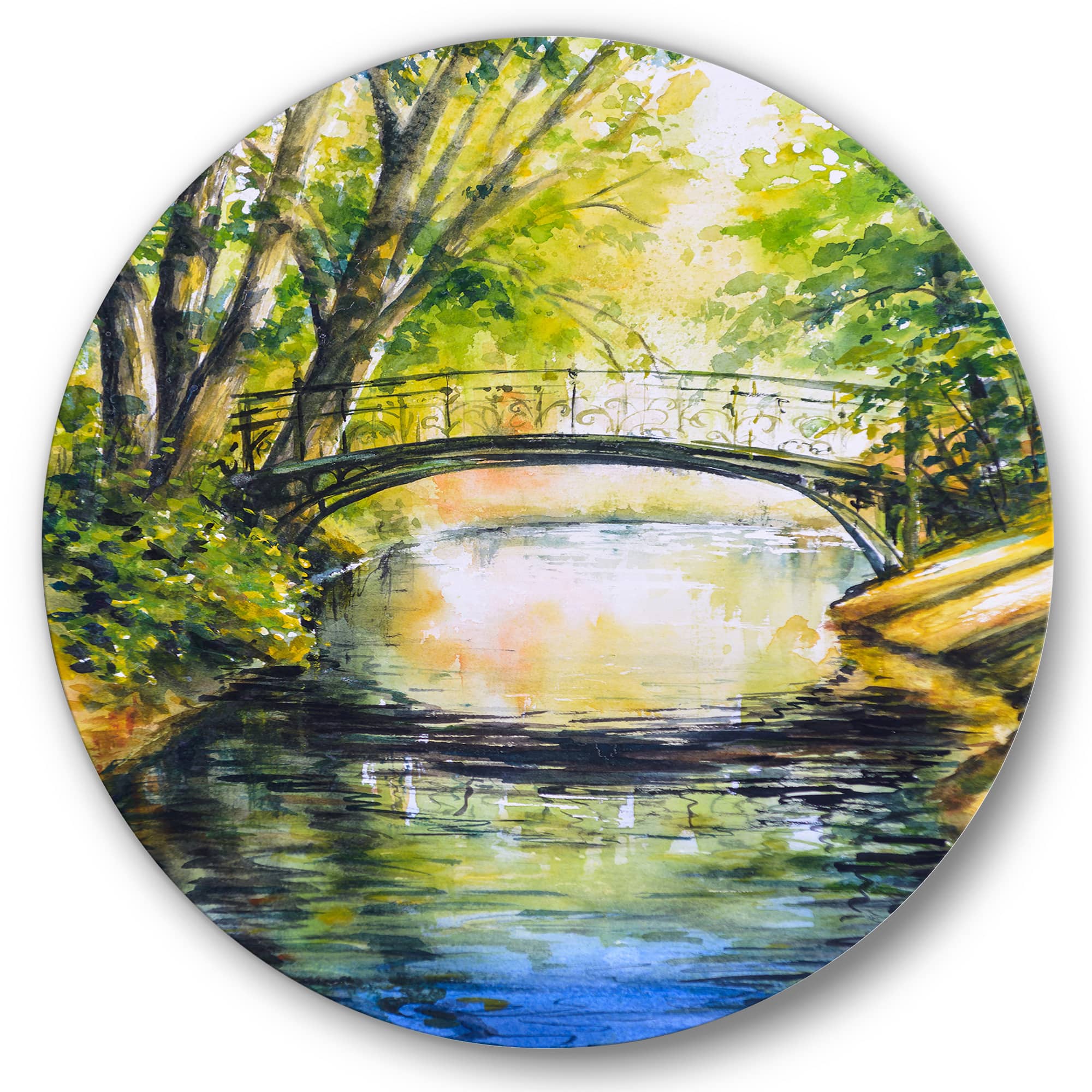 Designart - Bridge Over Troubled Water In Forest Park - Lake House Metal Circle Wall Art