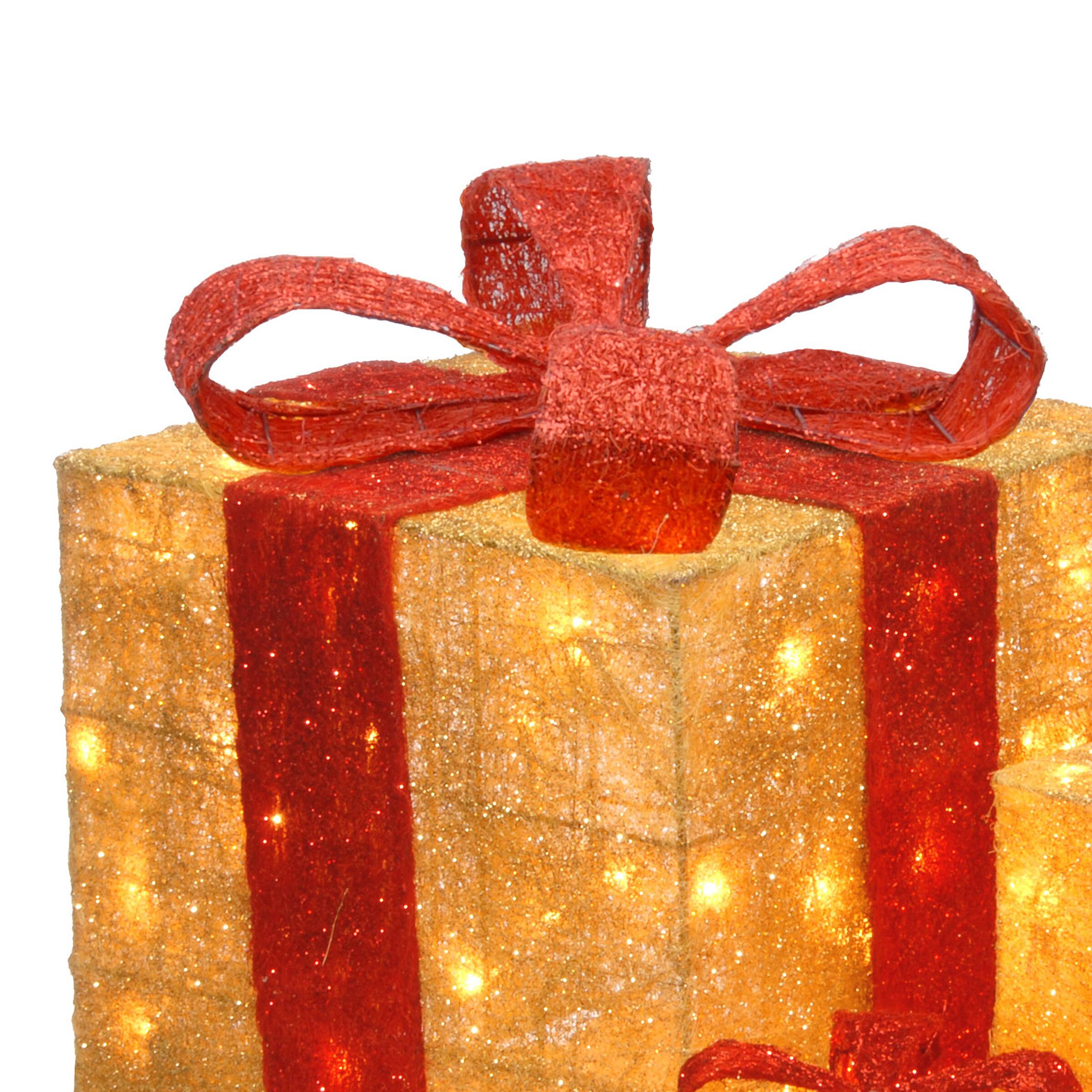 Set of 3 Gold Gift Boxes, Clear Lights