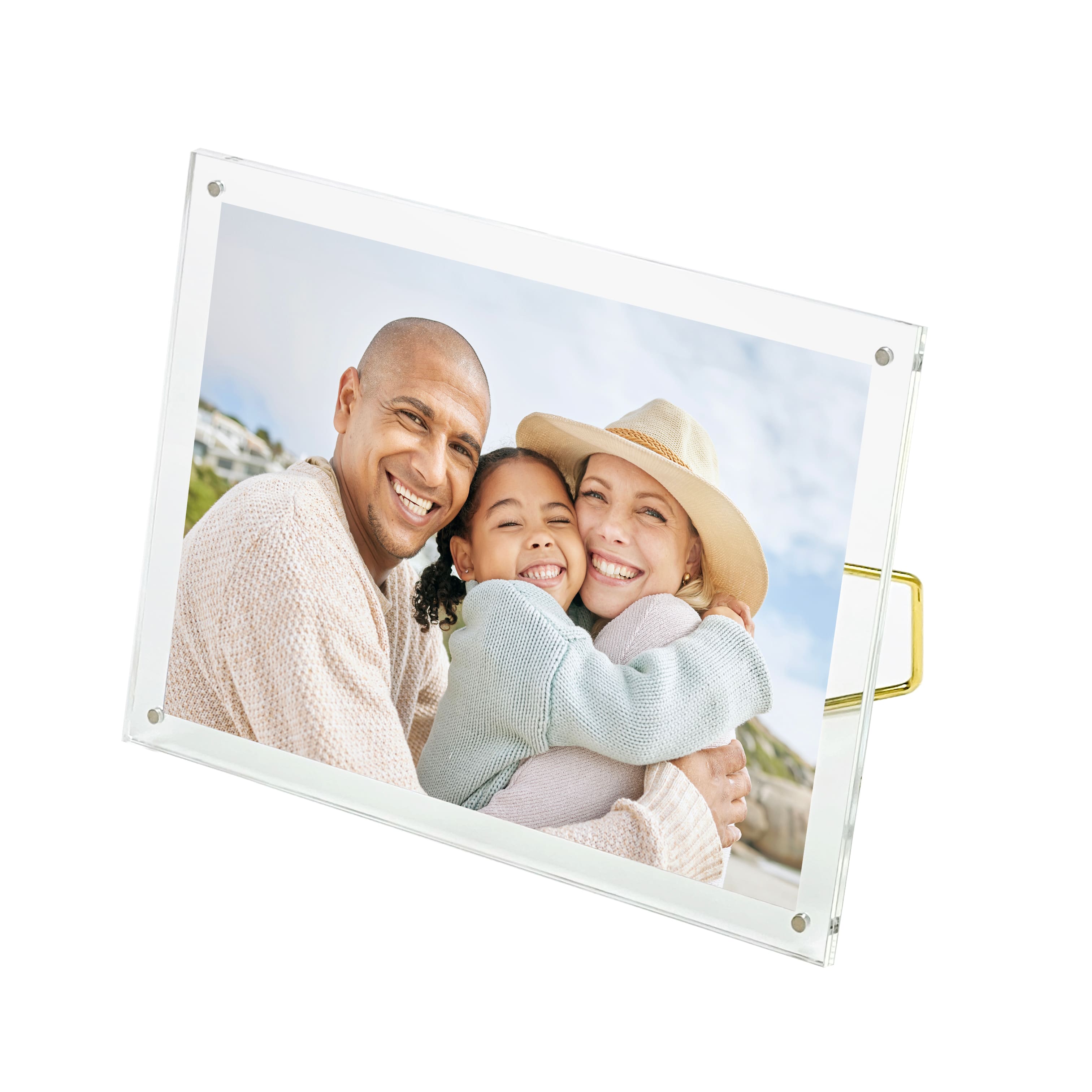 Expressions™ Clear Acrylic Float Frame with Gold Metal Easel by Studio Décor