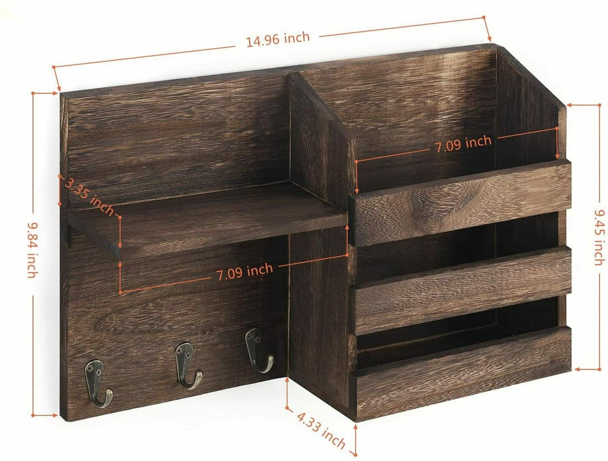 NEX&#x2122; Rustic Brown Vintage Wood Mail Shelf with 3 Key Hooks