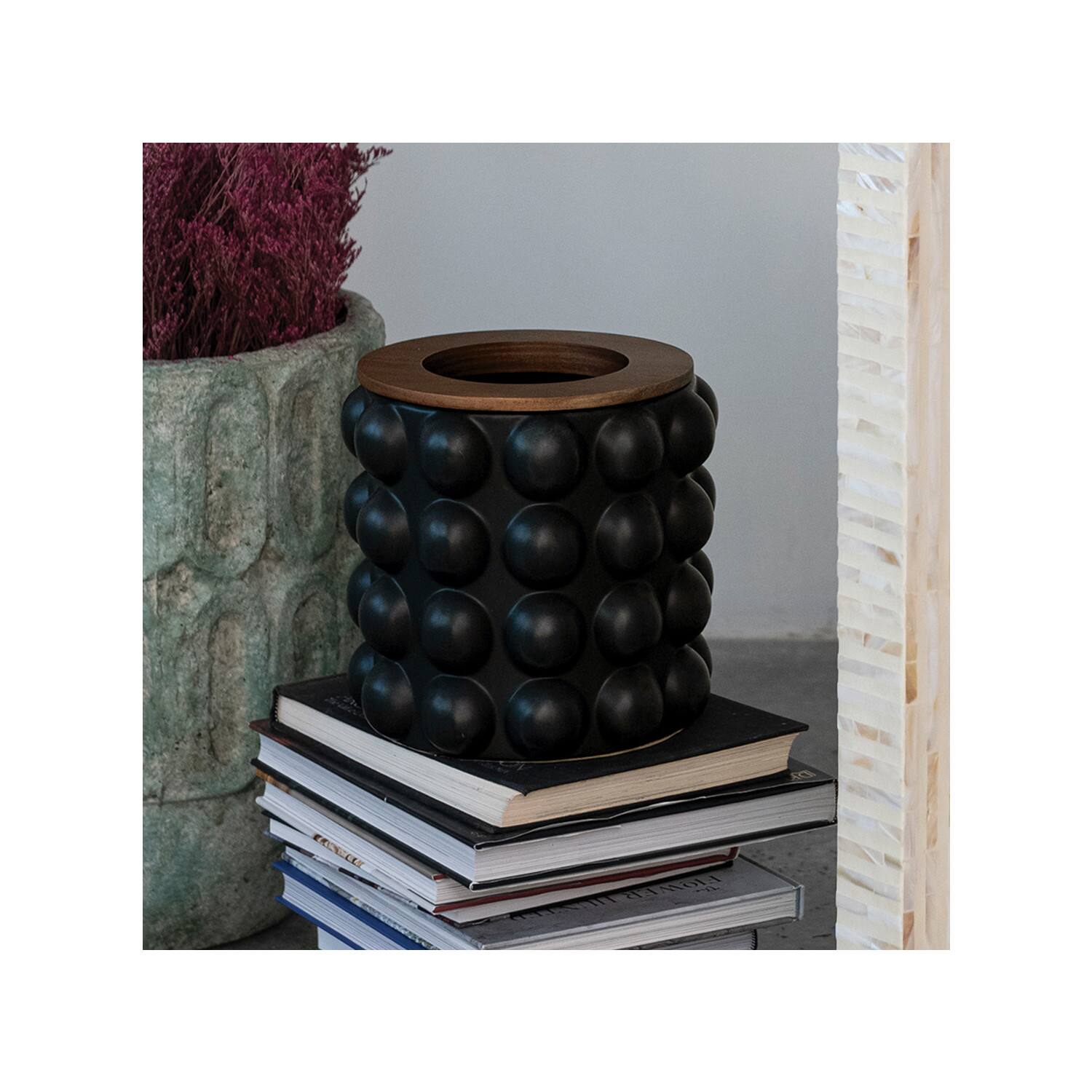 Hello Honey® 10" Round Matte Black Stoneware Waste Bins with Raised Dots & Removable Natural Acacia Wood Rim, 2ct.