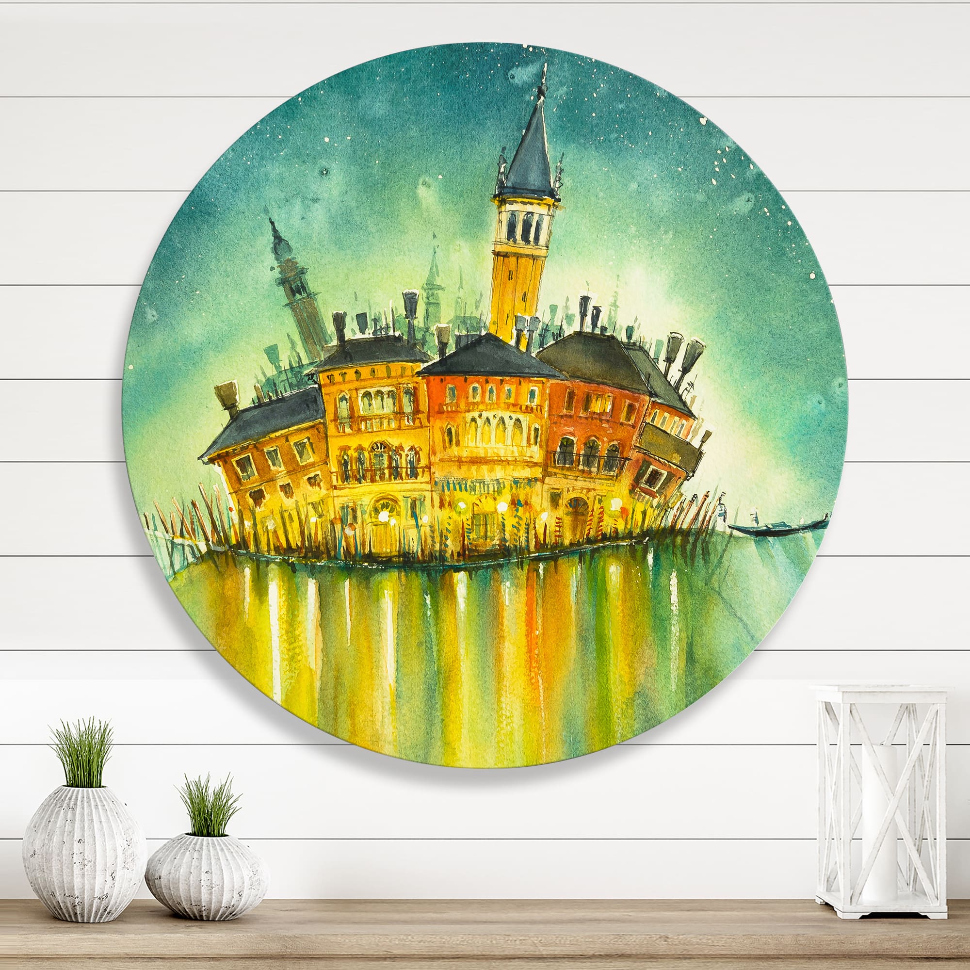 Designart - Idyllic Island of Venice At Night - Modern Metal Circle Wall Art