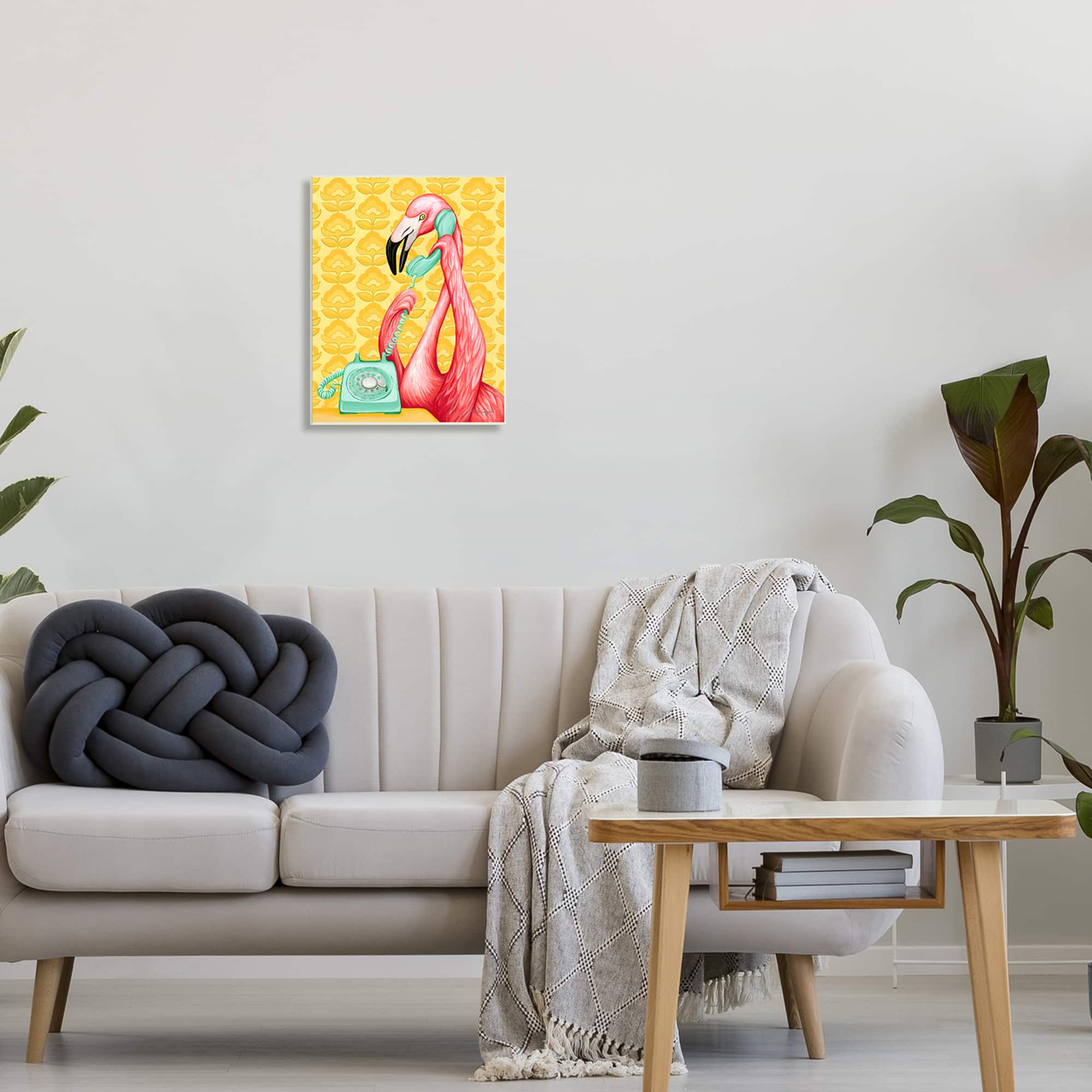 Stupell Industries Flamingo Calling Dial Telephone Groovy Flowers Wall Plaque Art