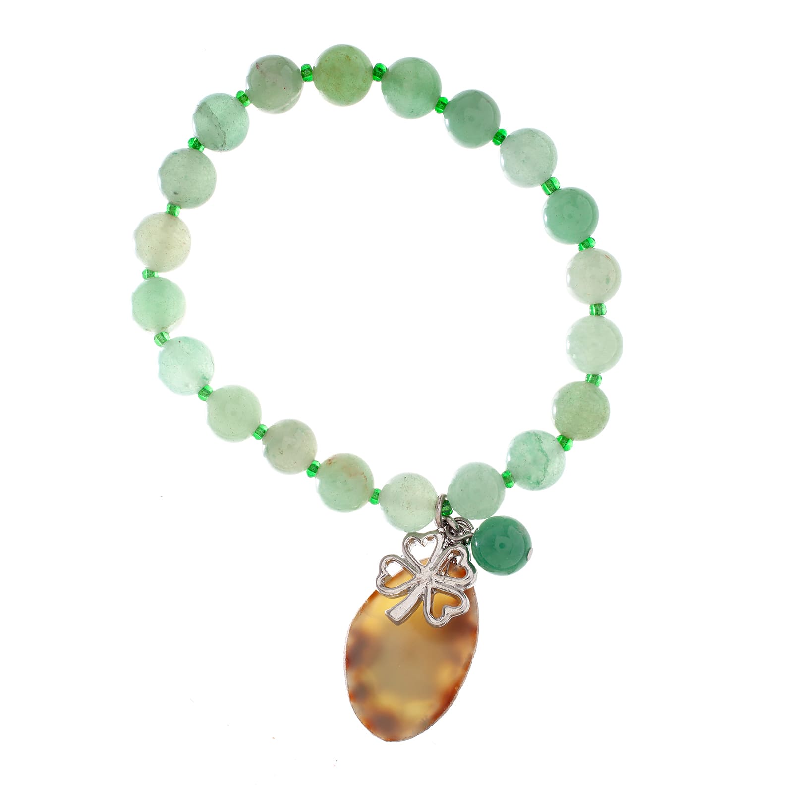 John Bead Aventurine Green Natural Stone Bracelet with Agate &#x26; Clover Charms