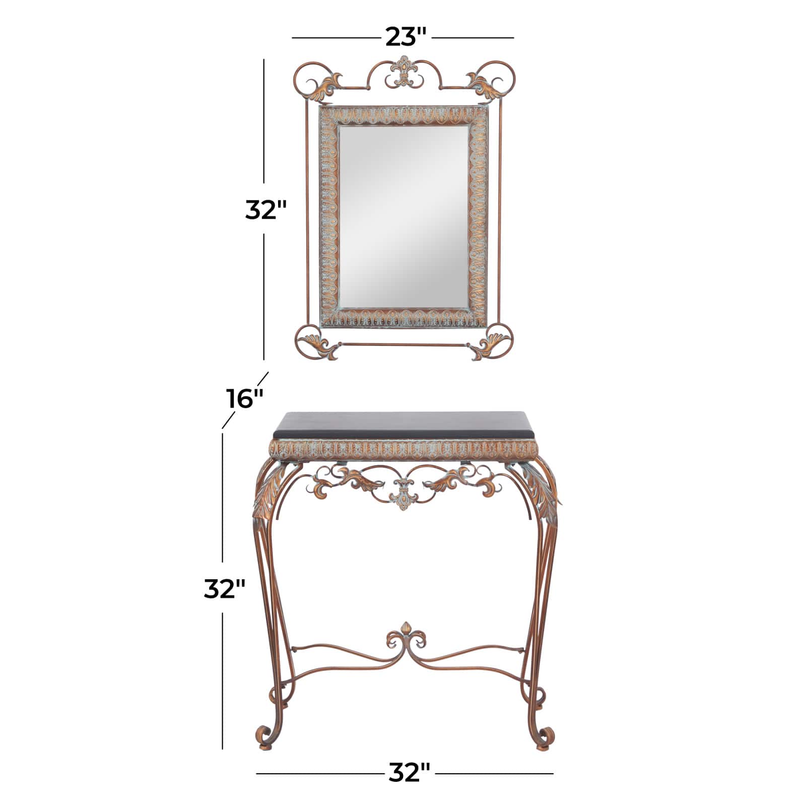 Set of 2" Bronze Metal Traditional Console Table with Mirror, 32" x 23"