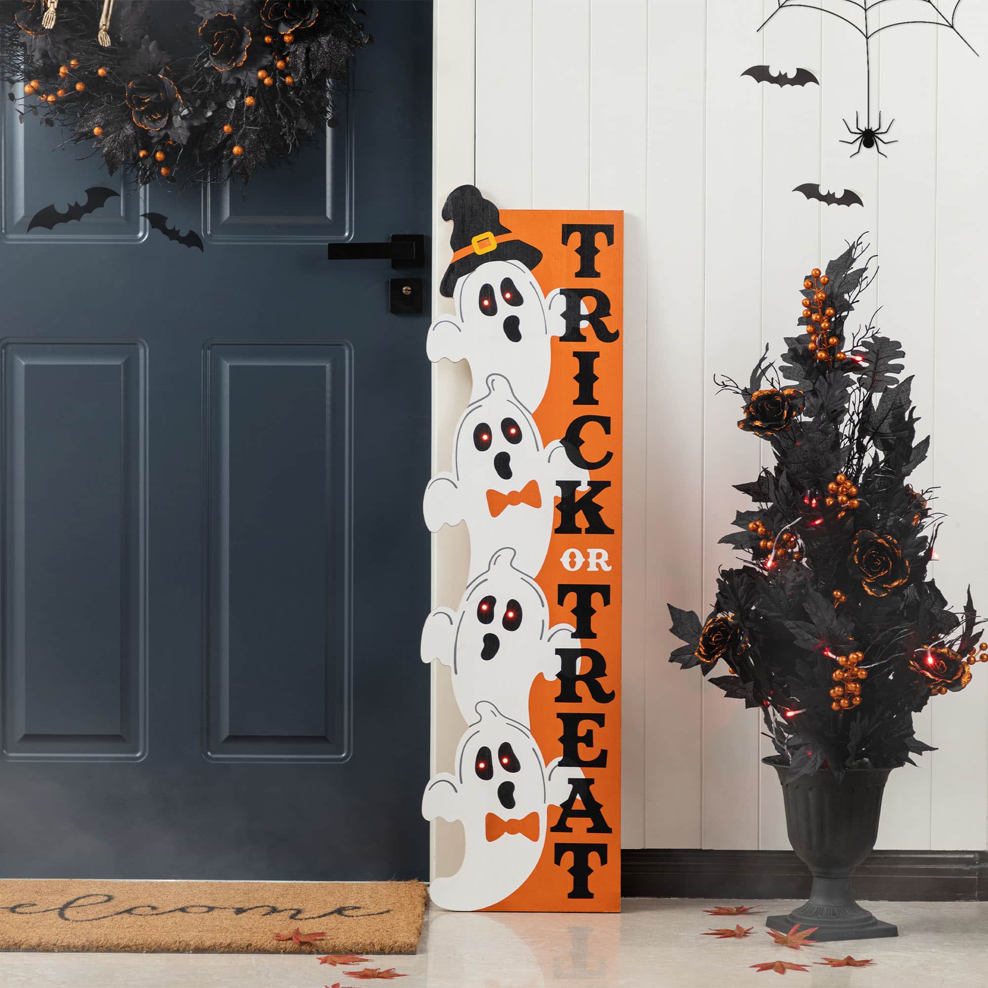 Glitzhome&#xAE; 42&#x22;H Lighted Halloween Wooden Stacked Ghost Porch Sign with Timer