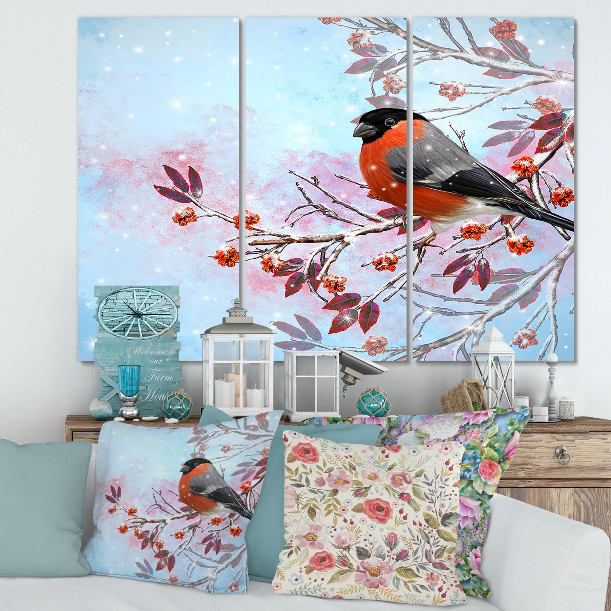 Designart - Two Bright Bird Bullfinch Bird Sitting On A Branch - Traditional Canvas Wall Art Print