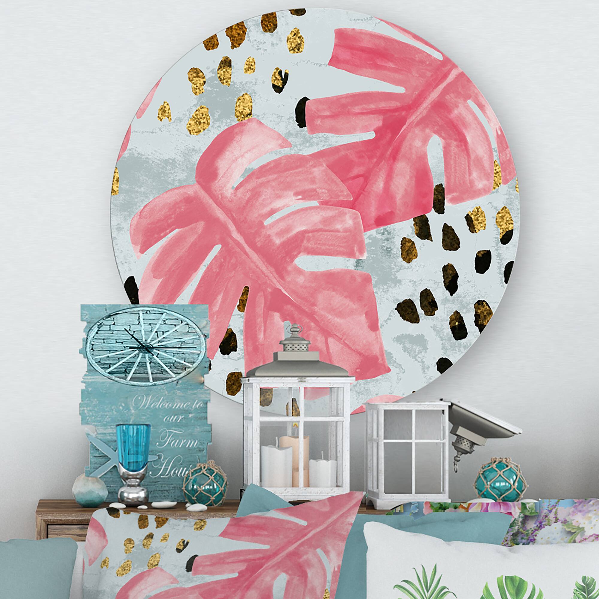 Designart - Pink Colored Monstera On Rough Brush Strokes II - Tropical Metal Circle Wall Art