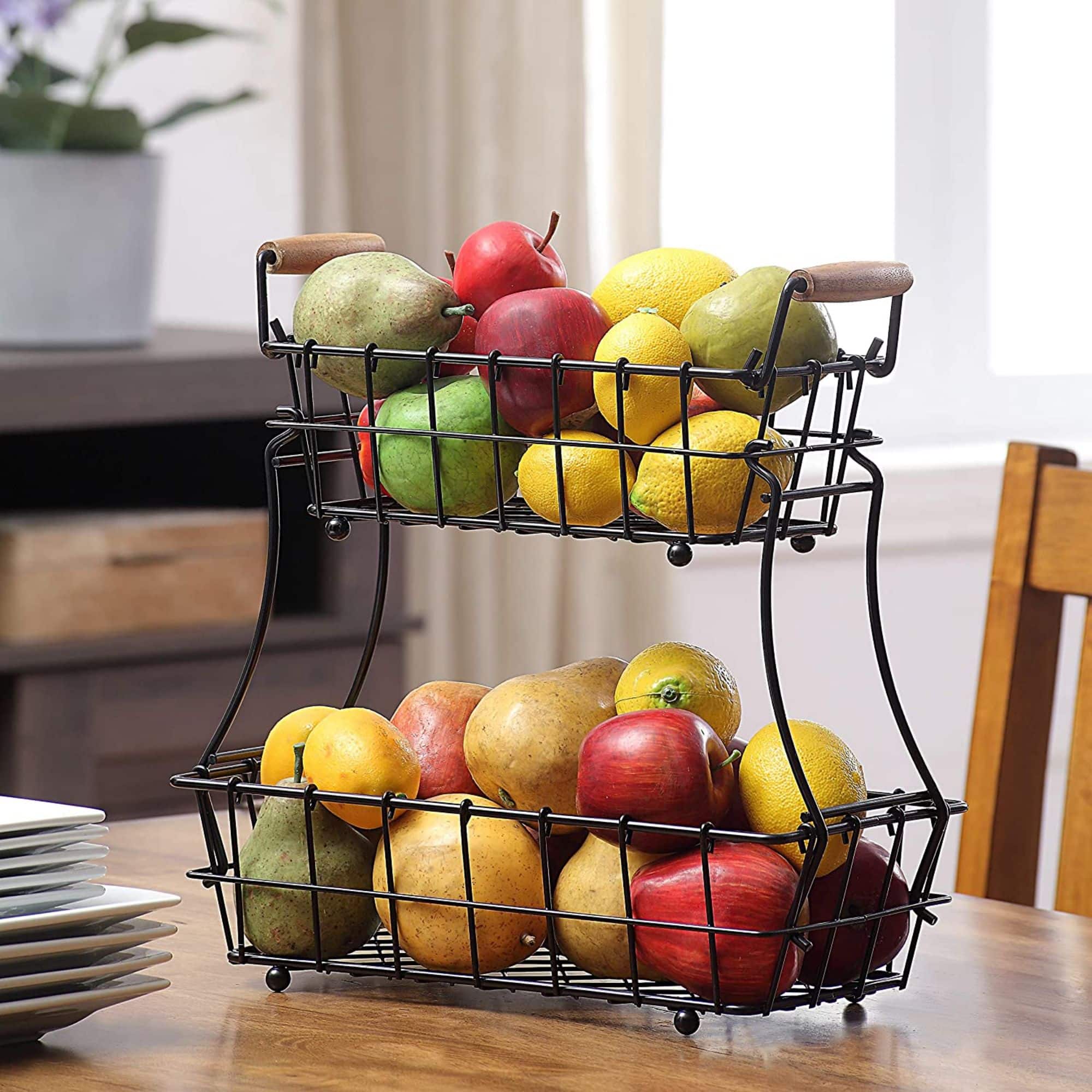 NEX&#x2122; 13&#x22; Black 2-Tier Countertop Fruit &#x26; Vegetable Storage Basket