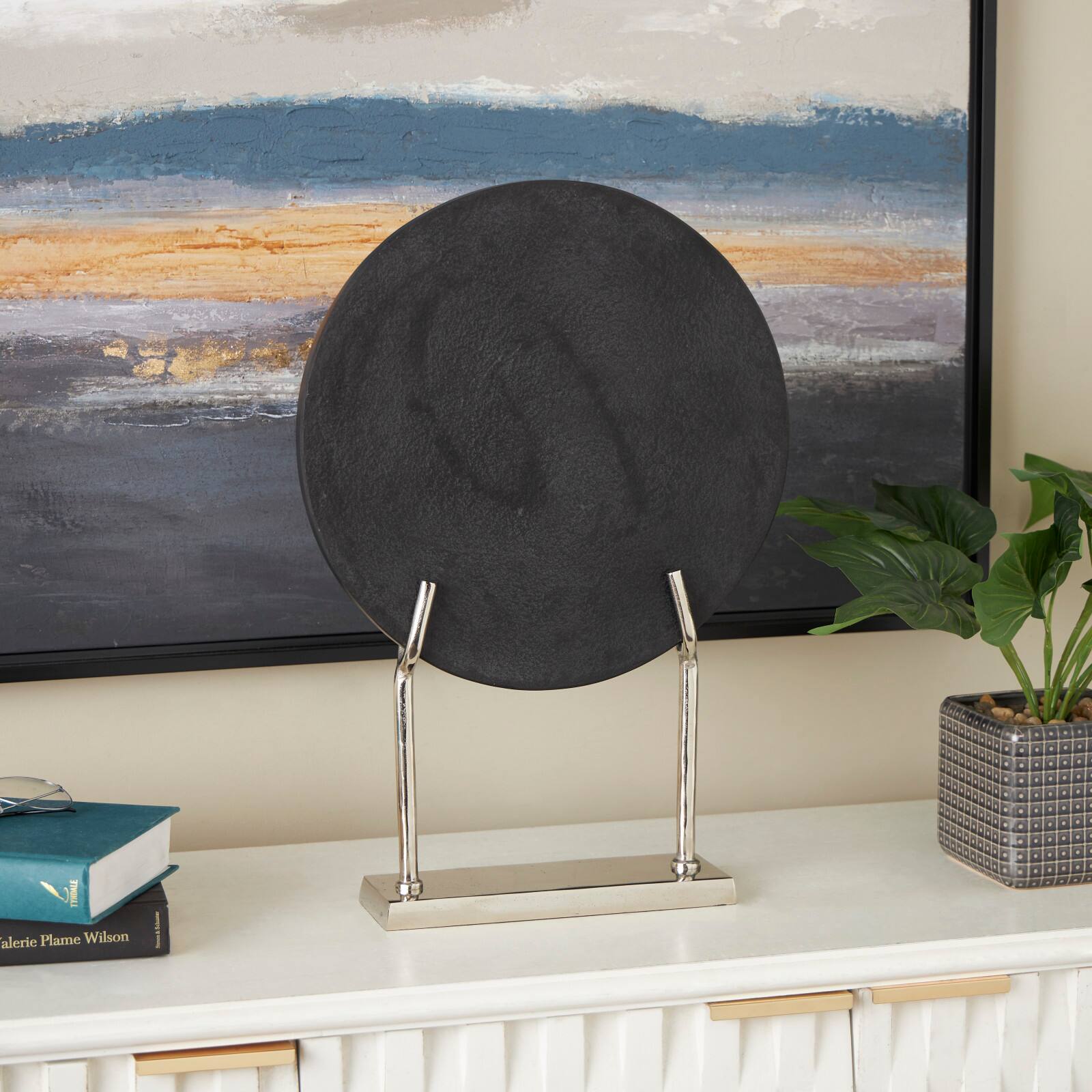 20" Black Textured Marble Disk Sculpture with Silver Metal Stand