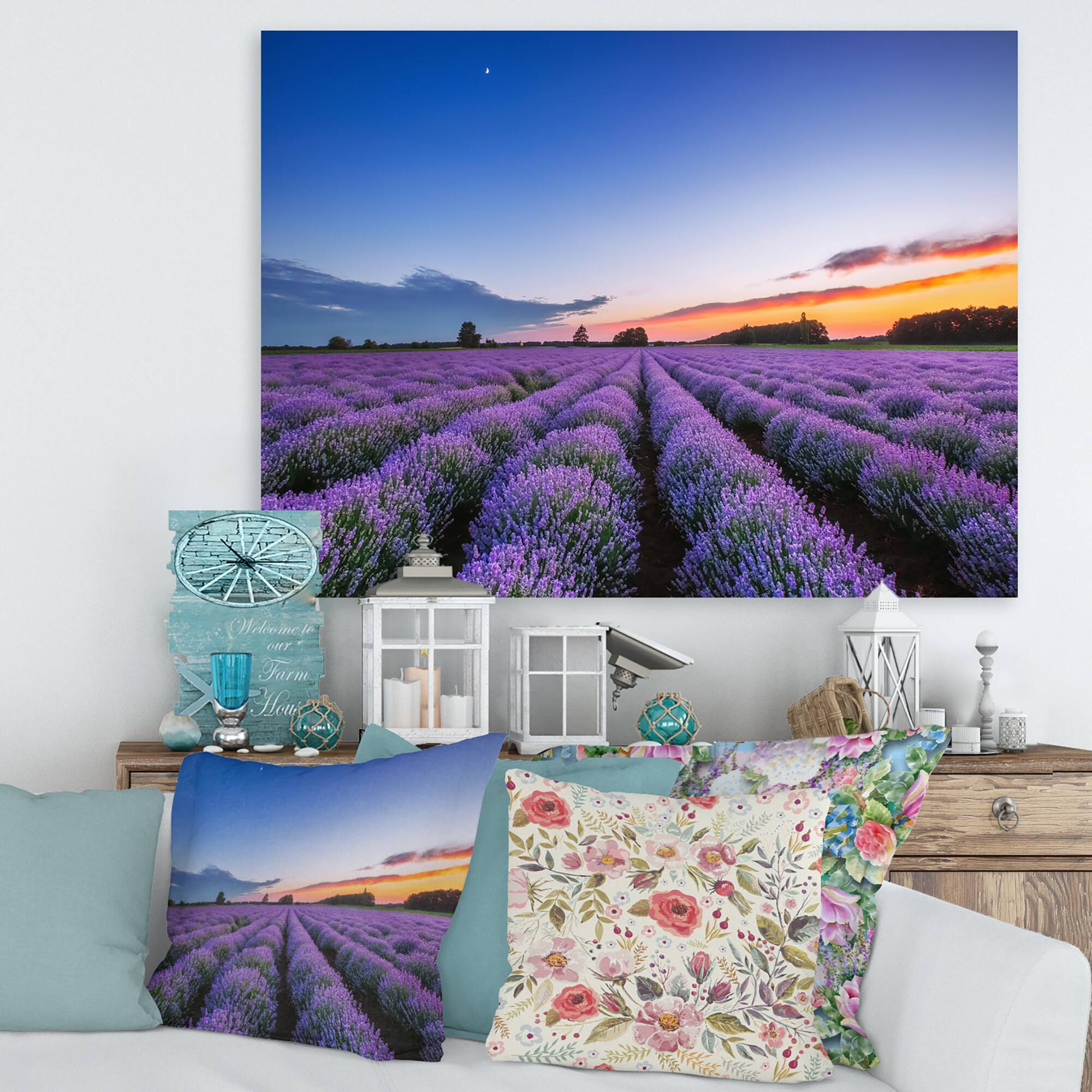 Designart - Sunrise &#x26; Dramatic Clouds Over Lavender Field I - Farmhouse Canvas Wall Art Print