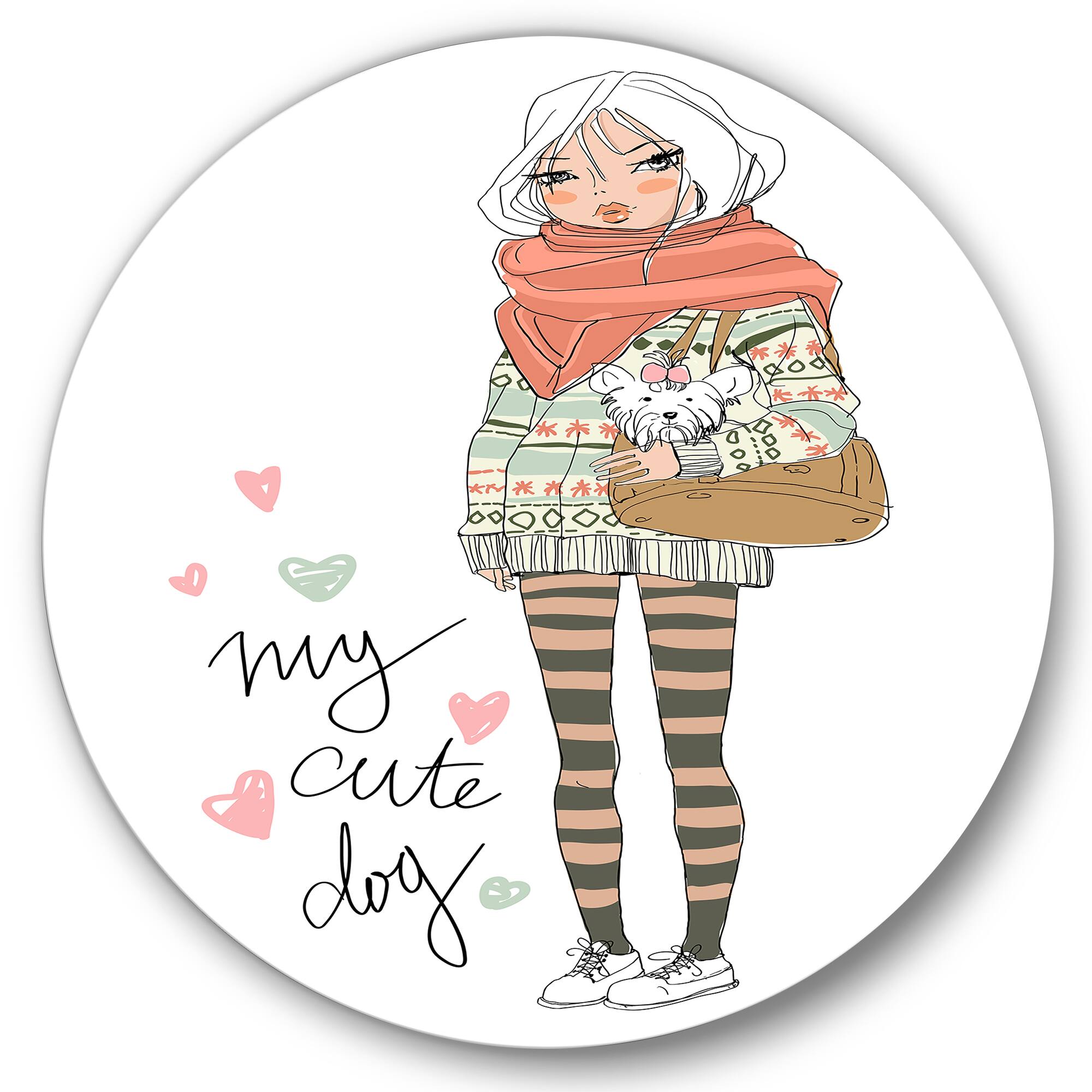 Designart - Cute Girl With Dog - Shabby Chic Metal Circle Wall Art