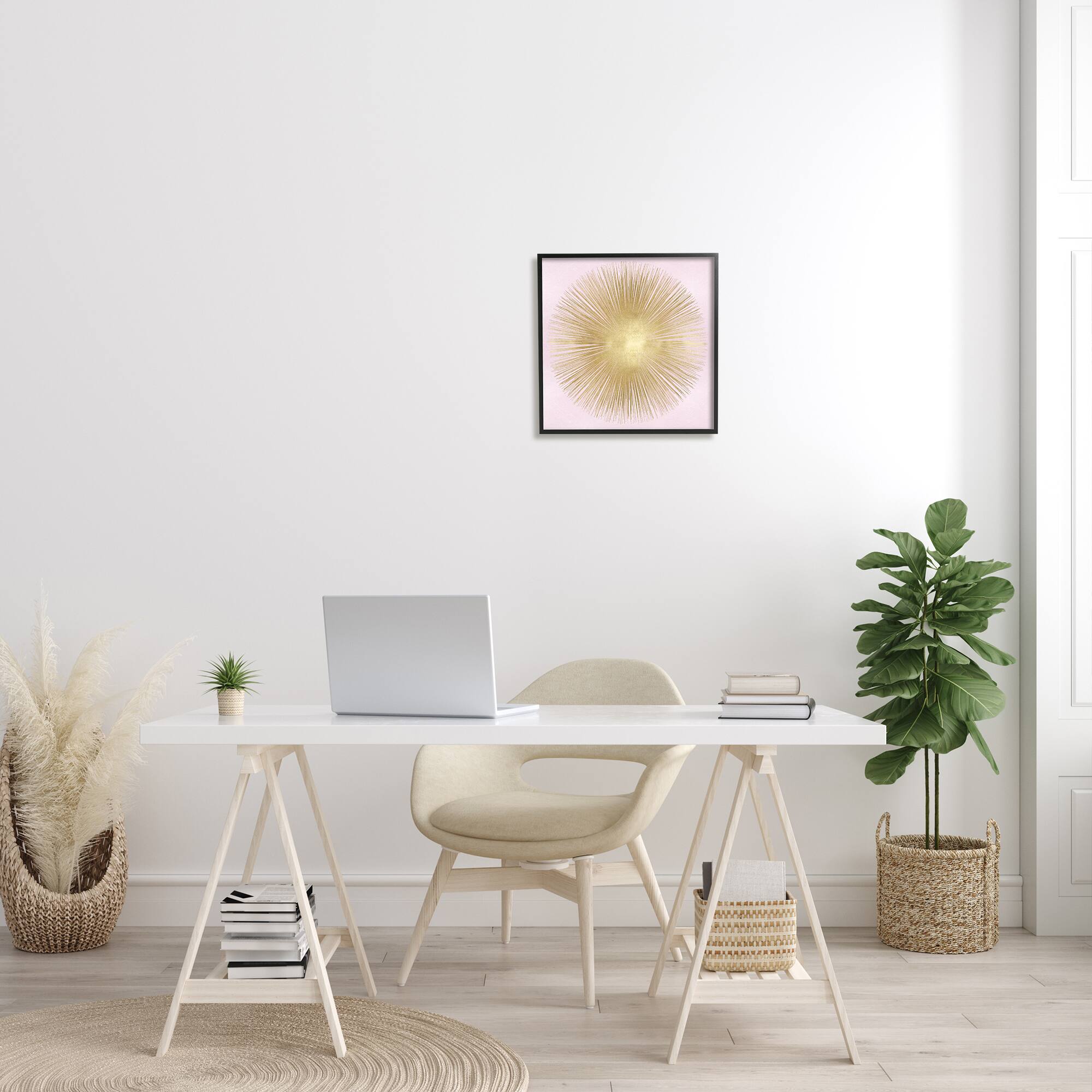 Stupell Industries Minimal Abstract Glam Sunburst Lines Over Pink in Black Frame Wall Art