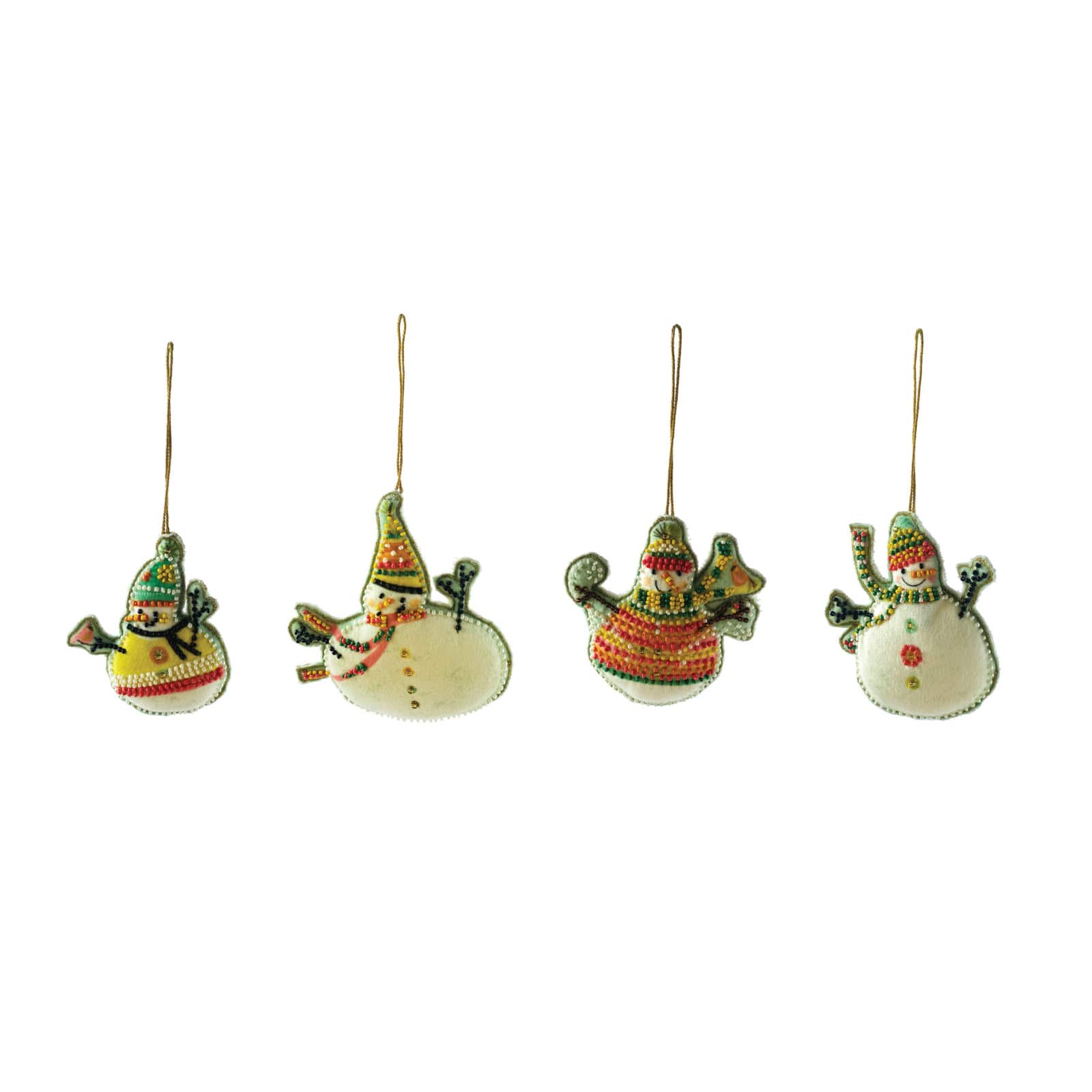 Hello Honey&#xAE; 4 Pack Glass Bead Embroidered Snowman Cotton Velvet Ornaments