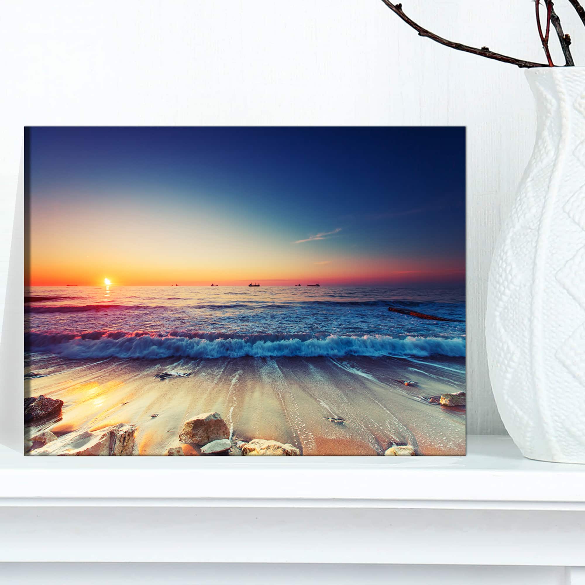 Designart - Beautiful Sunrise over Blue Sea - Seashore Canvas Art Print