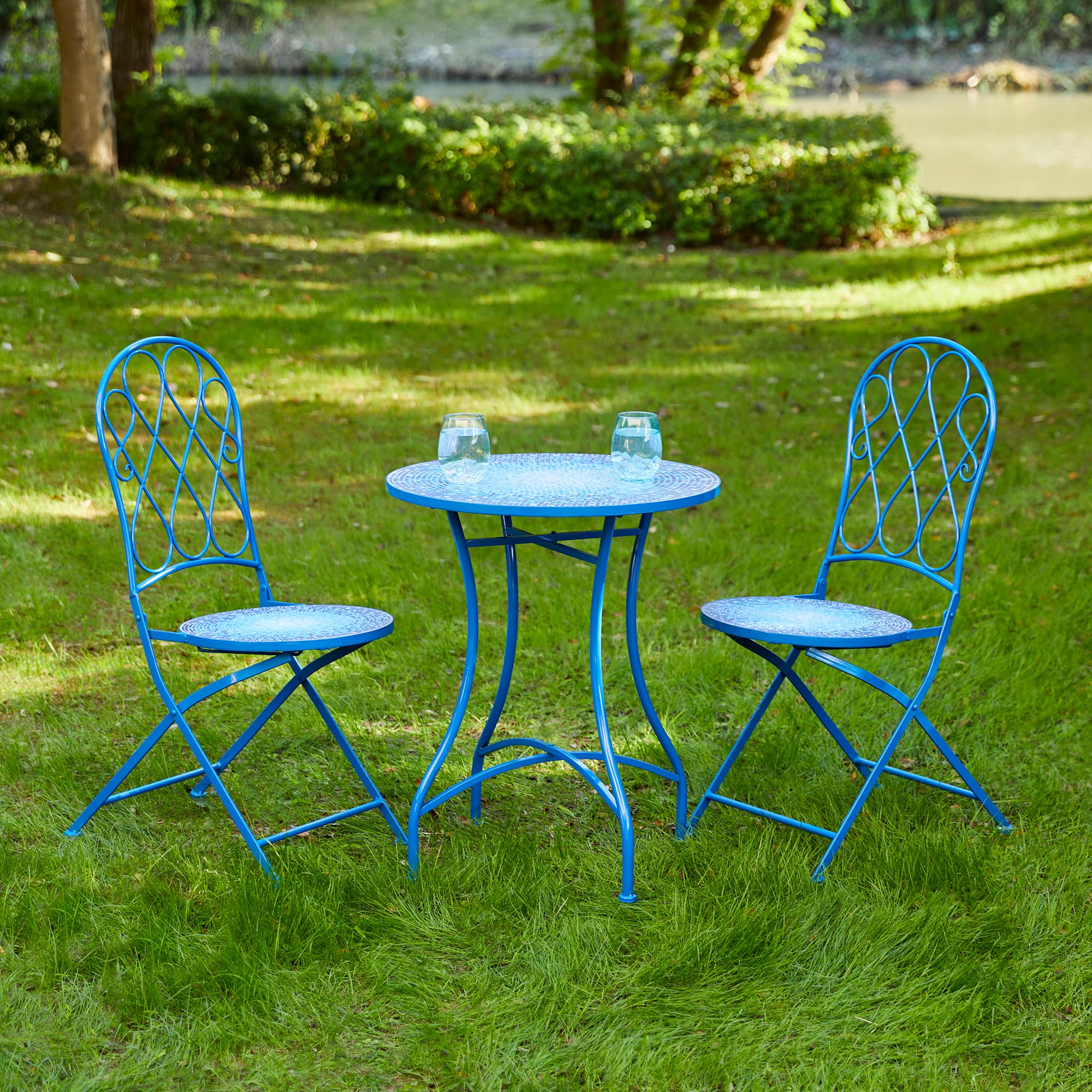Glitzhome® 28" Blue Outdoor Metal Folding Bistro Table with Ceramic Tile Top