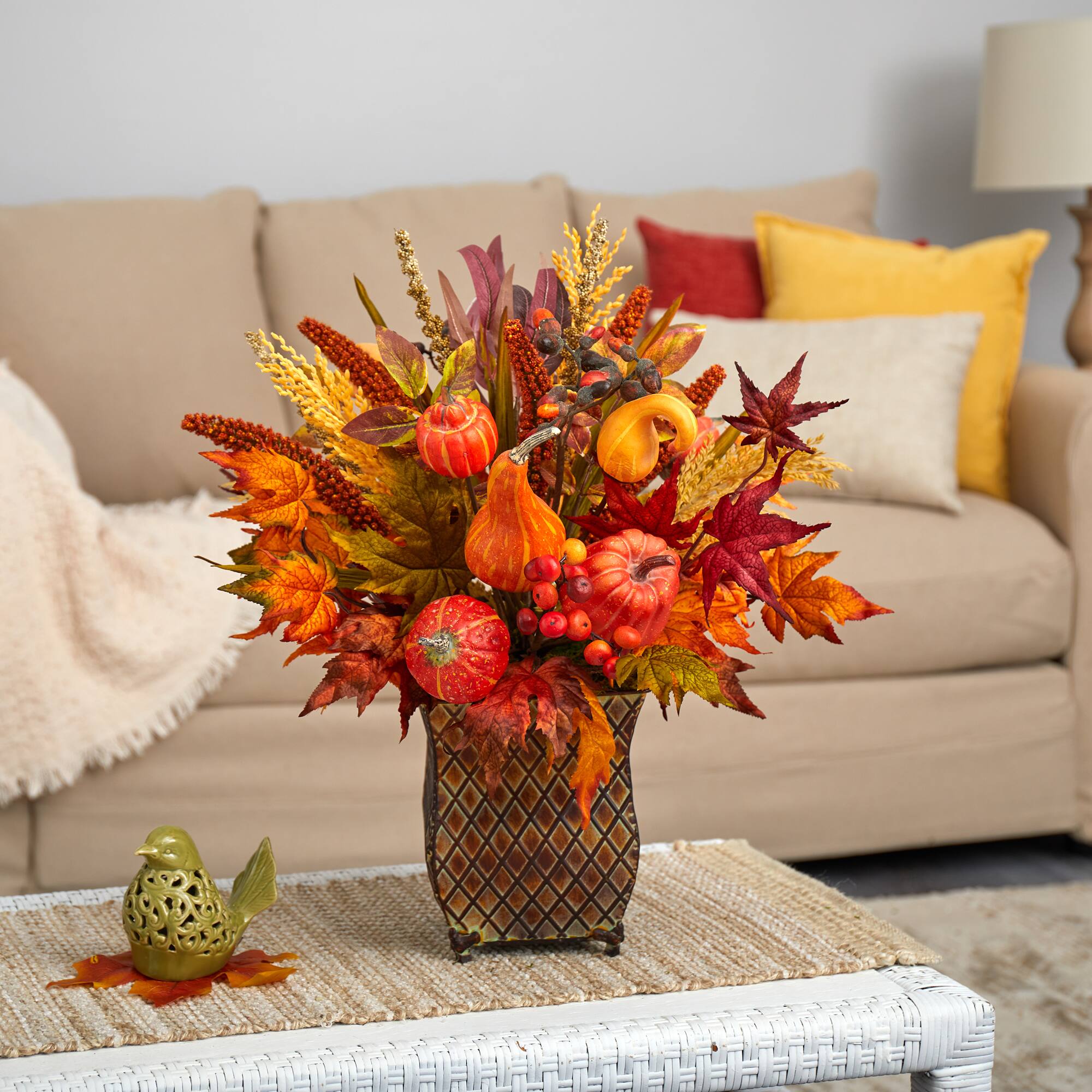 21in. Pumpkin, Maple Leaf, Sorghum Harvest Arrangement in Metal Planter