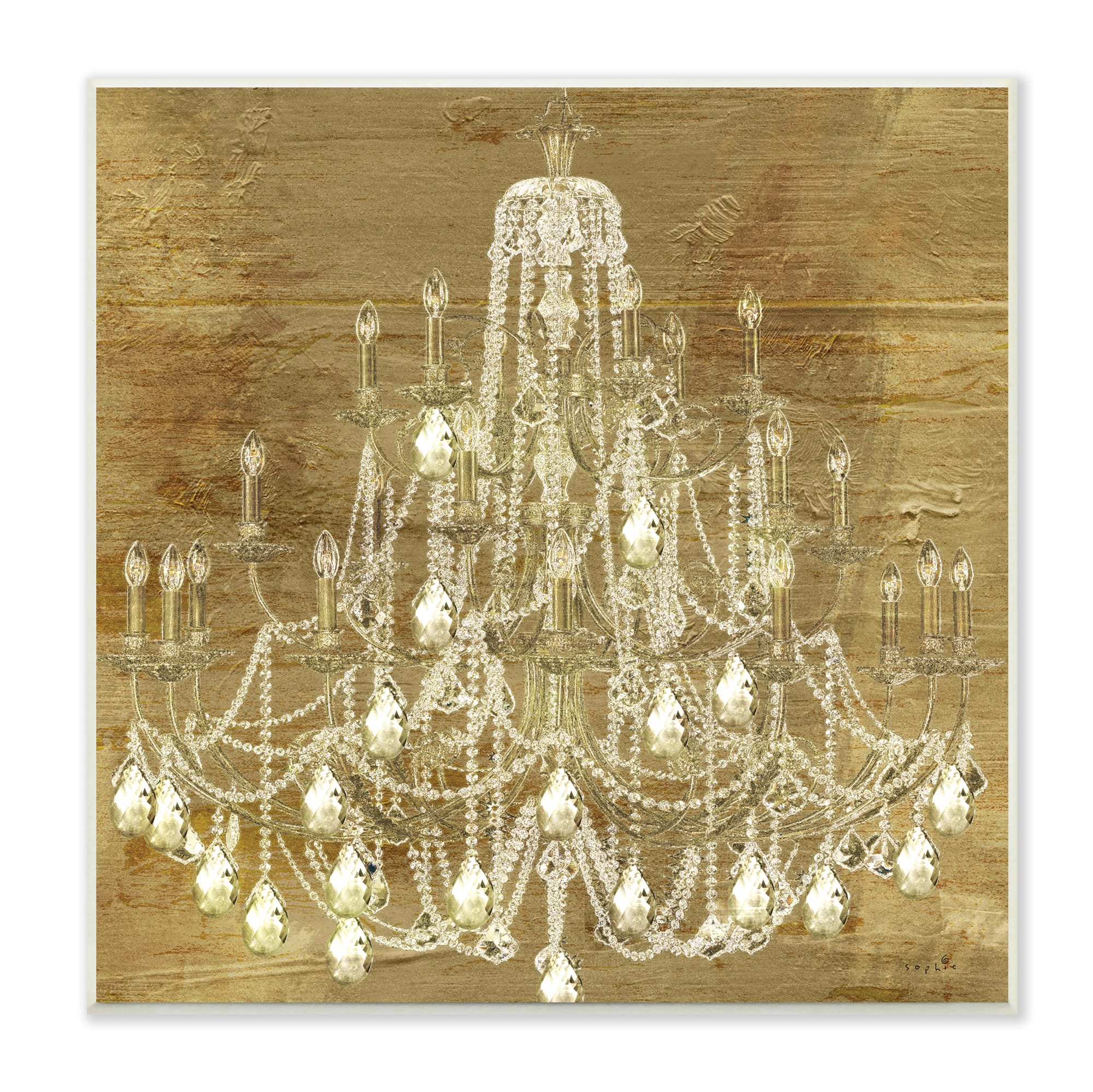 Stupell Industries Vintage Glam Crystal Chandelier Rustic Distressed Gold Background,12" x 12"