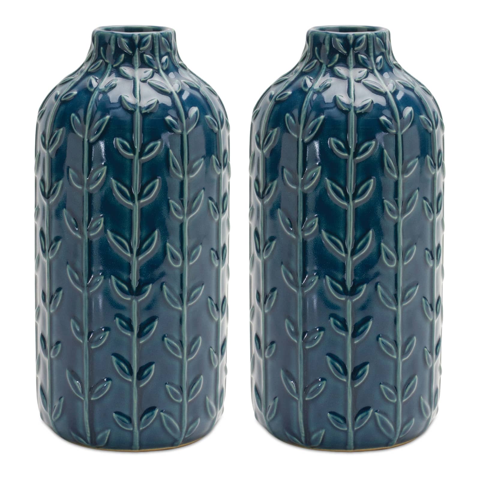 8.75" Blue Ceramic Leaf Pattern Vase, 2ct.