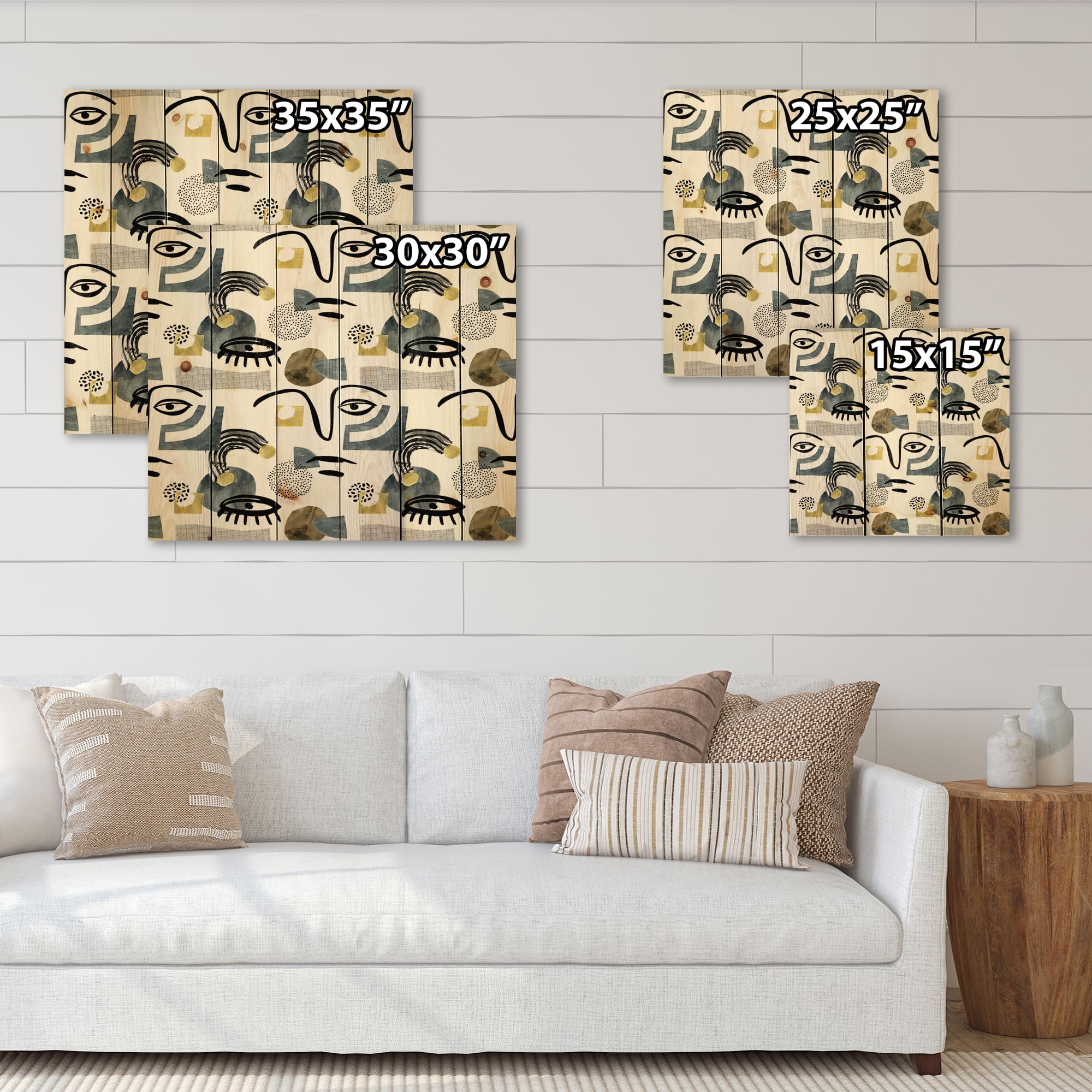 Designart - Collage of Eyes & Doodles In Contemporary Style I - Modern Print on Natural Pine Wood