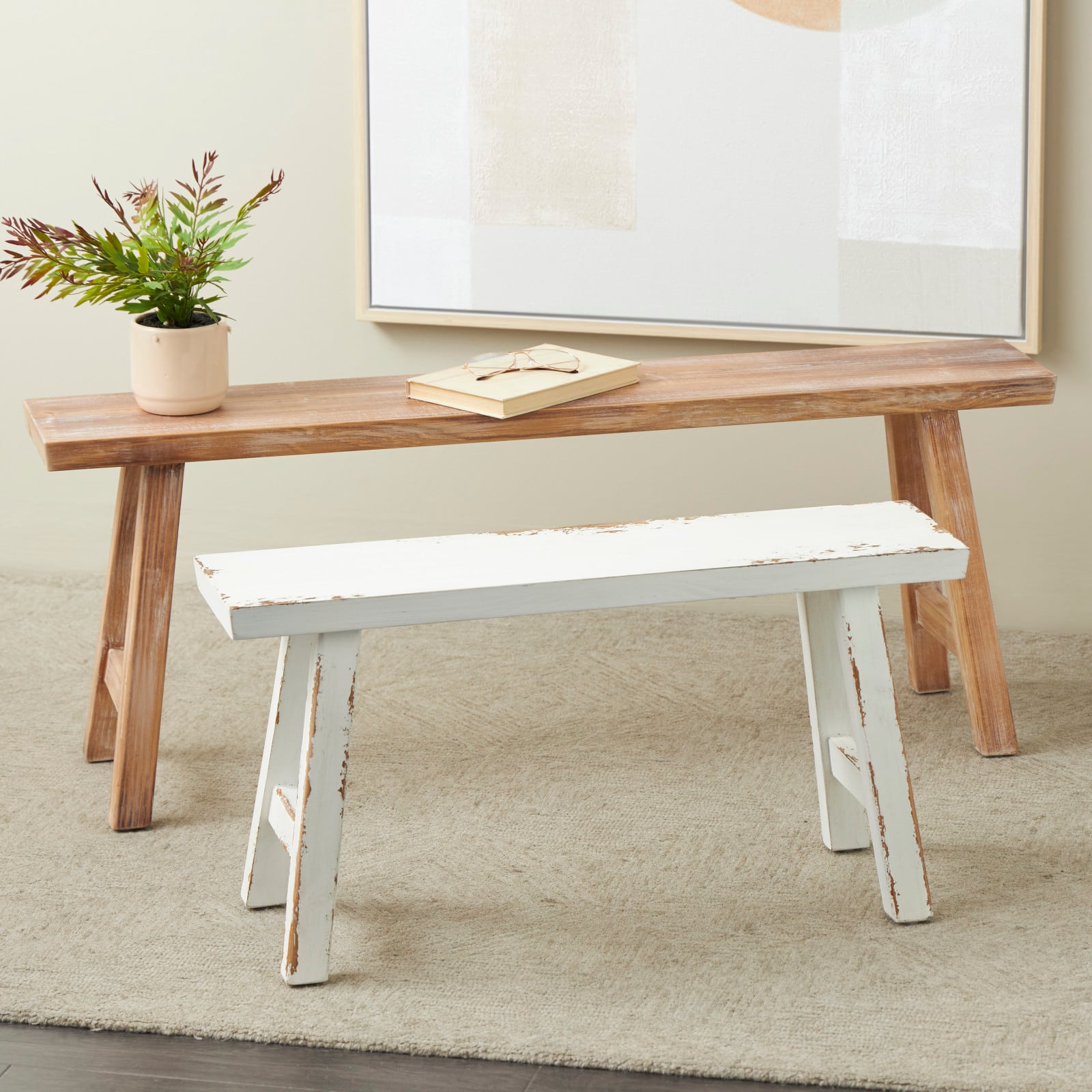 Wood Slim Distressed Bench Set
