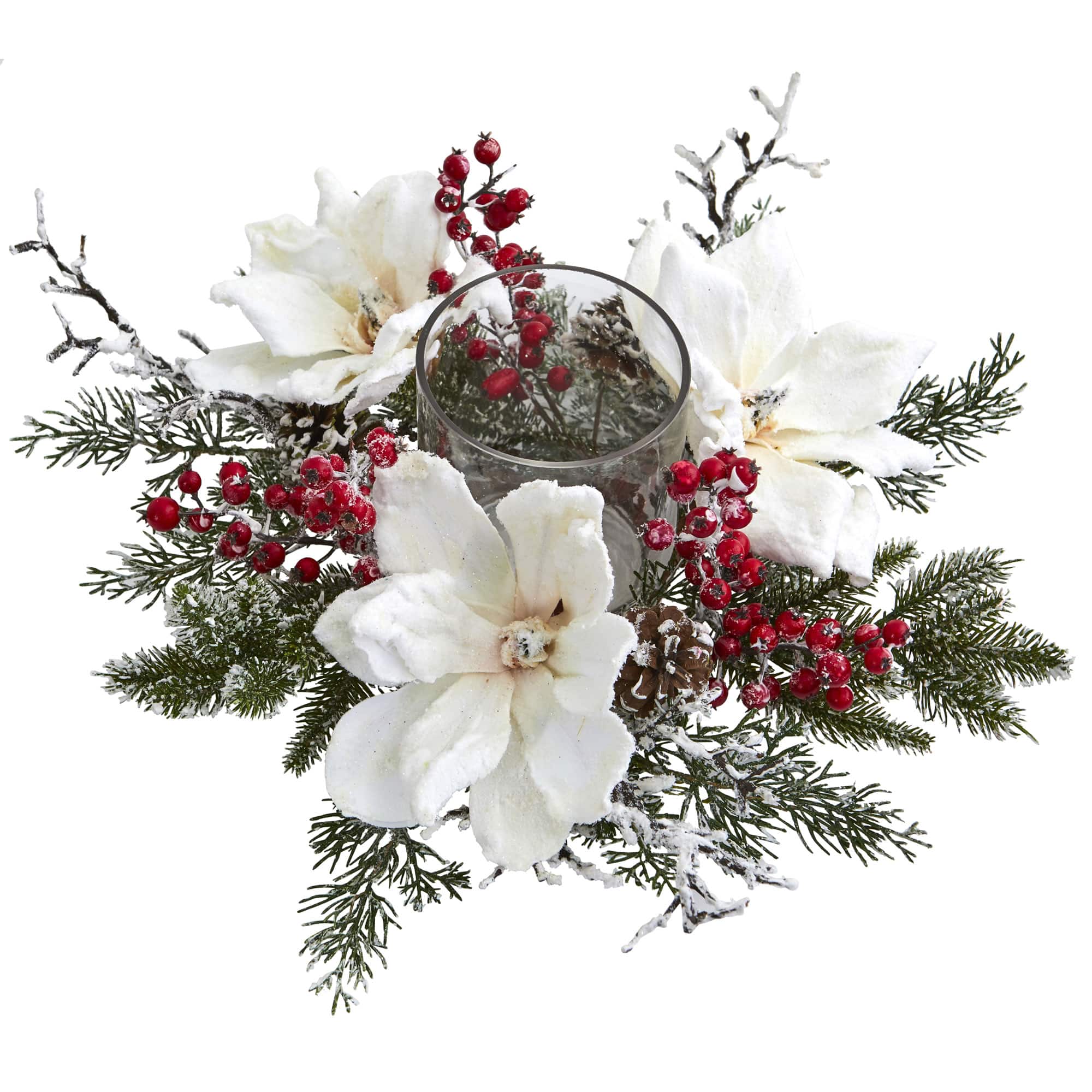 17&#x22; Frosted Magnolia &#x26; Berry Artificial Arrangement Candelabrum