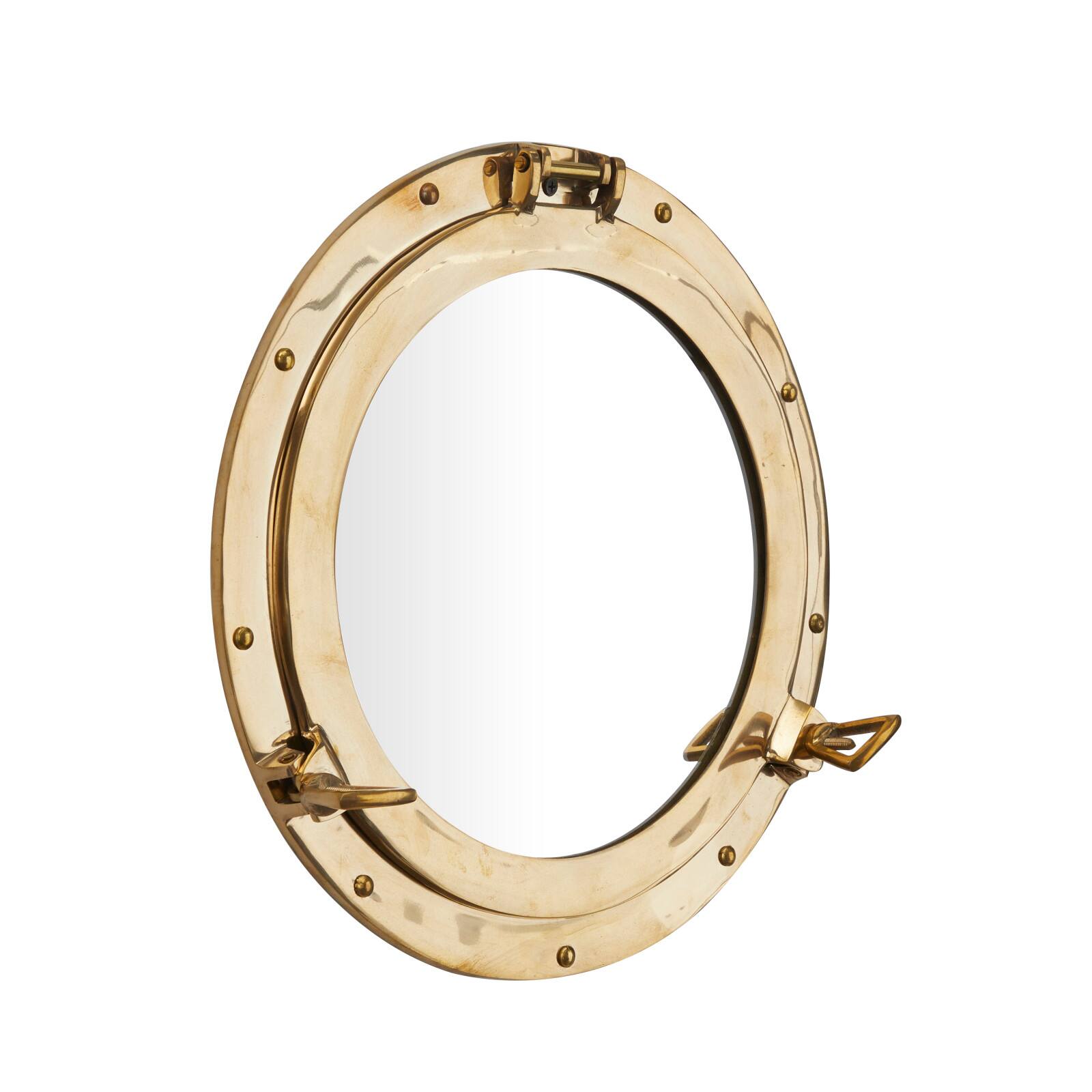 The Novogratz Gold Brass Sail Boat Wall Mirror with Port Hole Detailing 15&#x22; x 3&#x22; x 15&#x22;