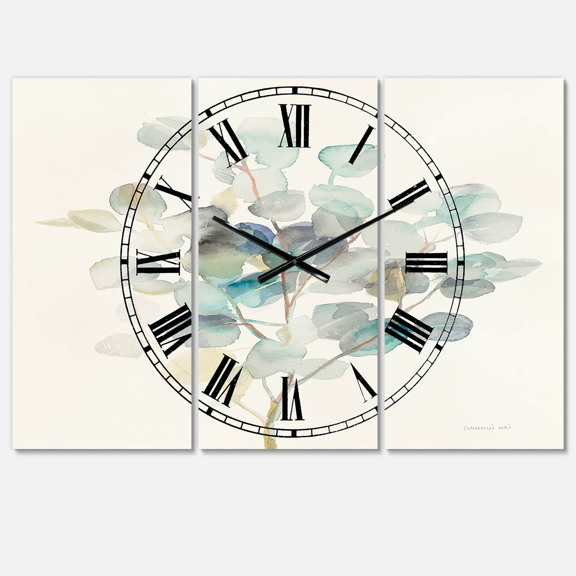 Designart Eucalyptus Leaves Traditional 3 Panel Wall Clock