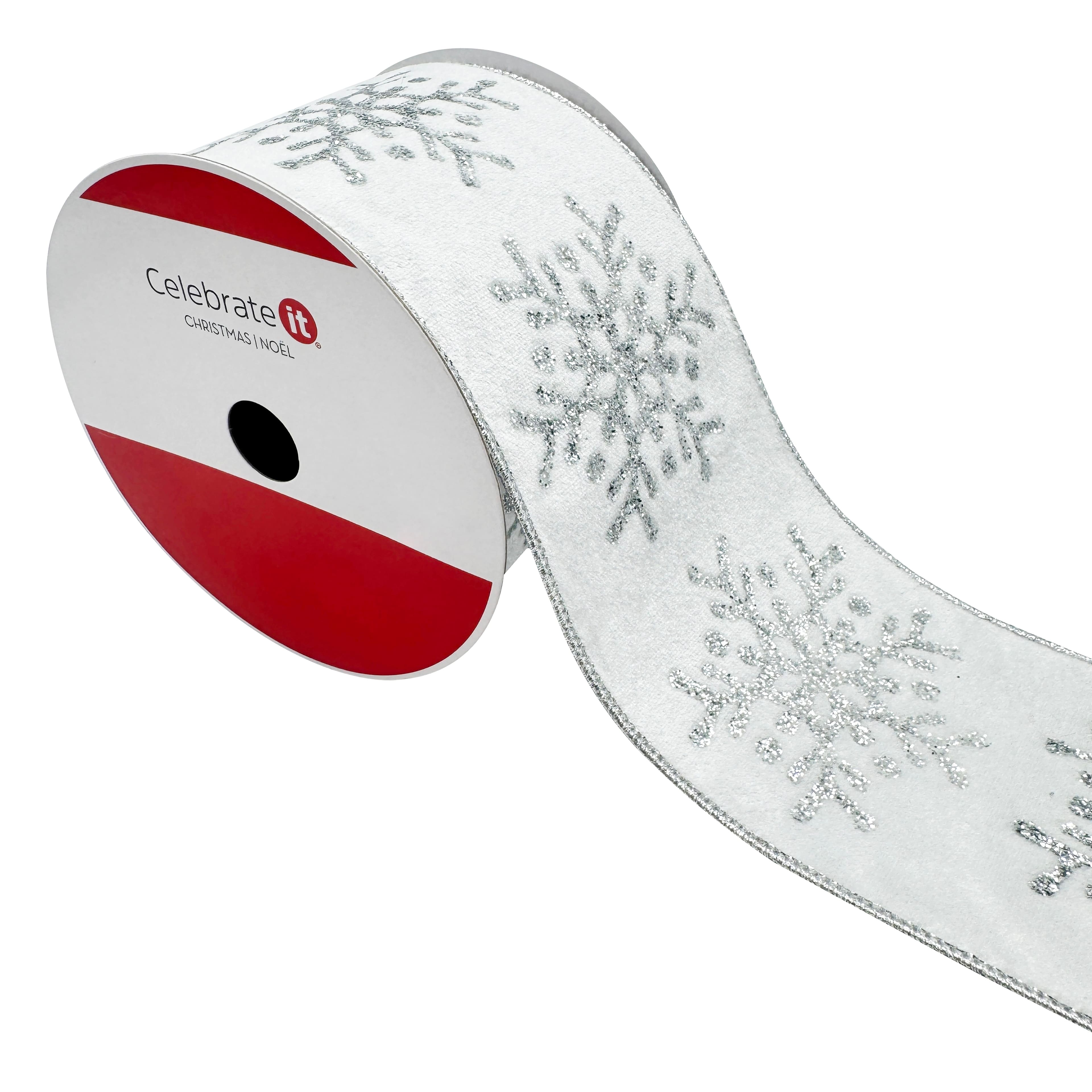 3.5&#x22; x 15ft. White &#x26; Silver Glitter Snowflakes Wired Velvet Ribbon by Celebrate It&#xAE;