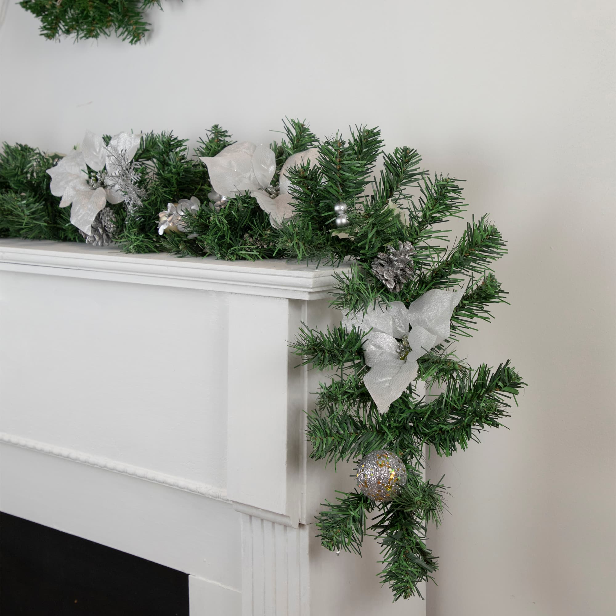Pre-Decorated Silver Poinsettia Pine Cone & Ball Artificial Garland, Unlit
