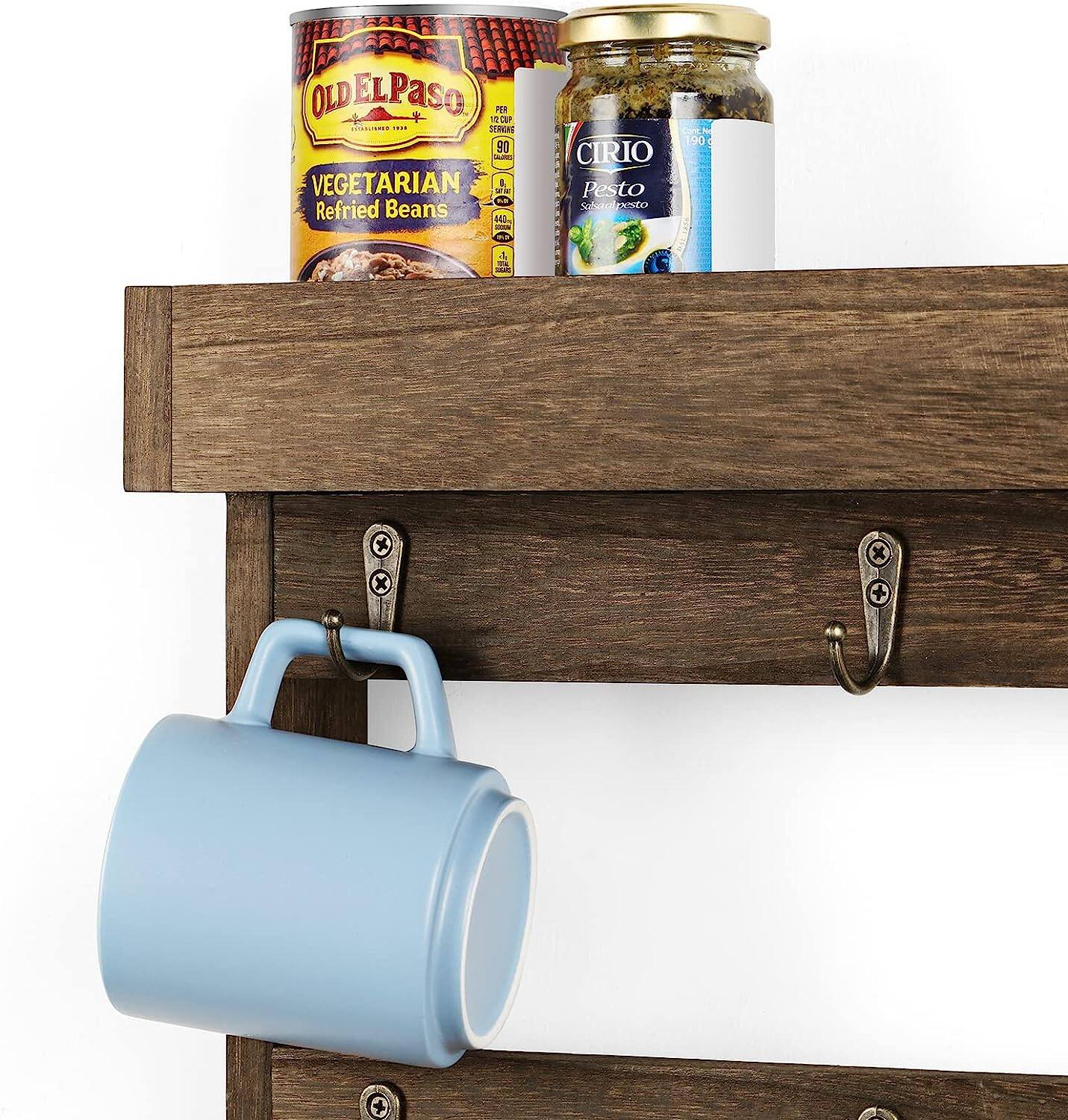 NEX™ 16" Rustic Brown Wood Wall-Mounted Coffee Mug Rack