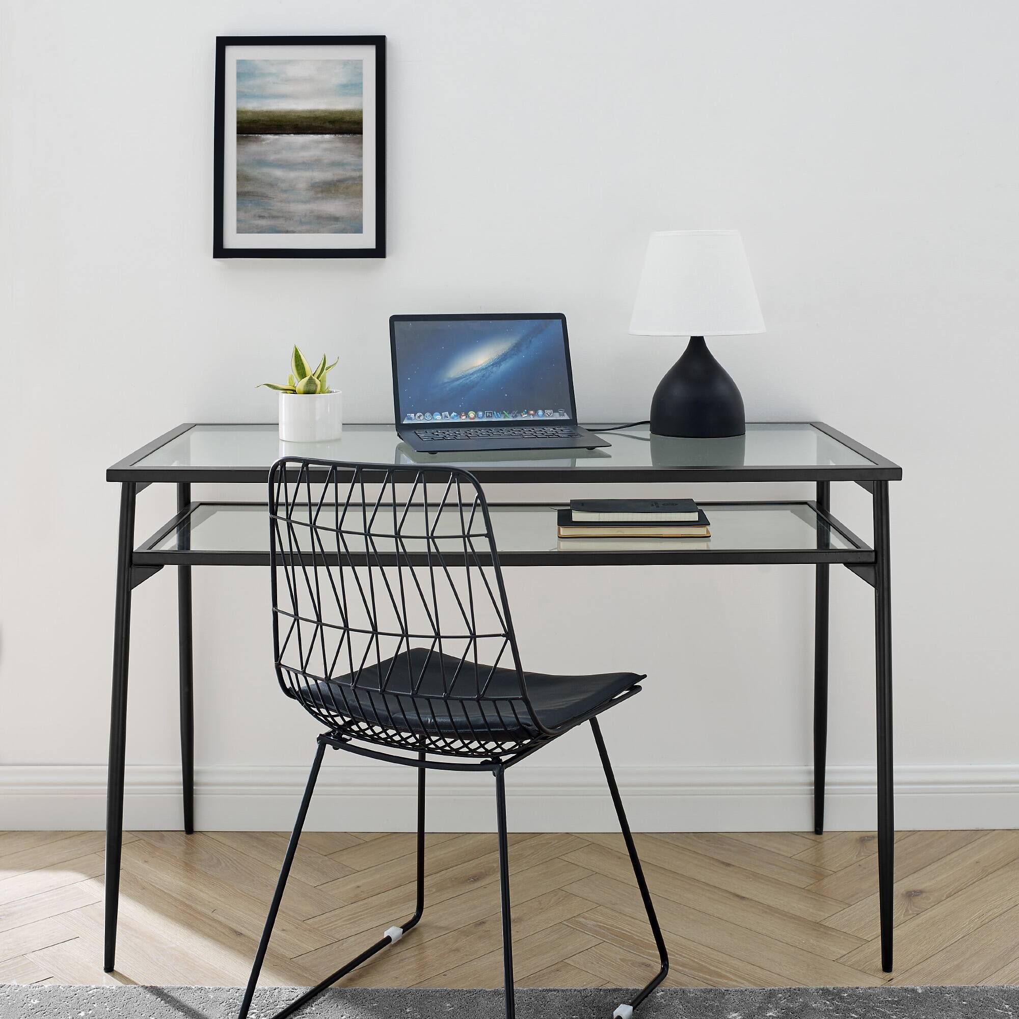 Walker Edison 48&#x22; Black Two Tier Glass &#x26; Metal Desk