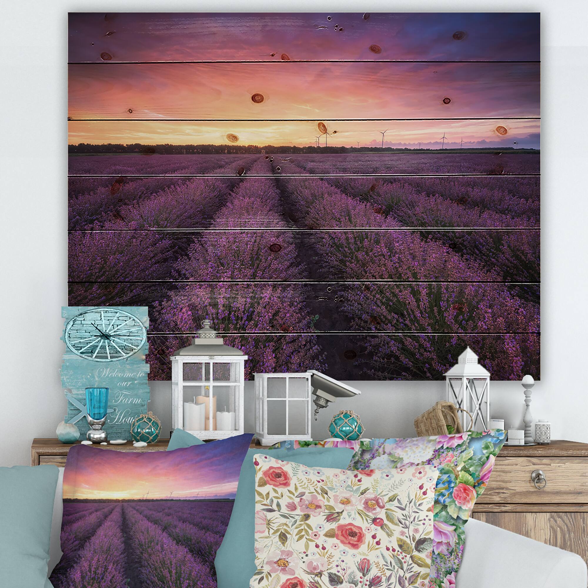 Designart - Sunrise &#x26; Dramatic Clouds Over Lavender Field XIII - Farmhouse Print on Natural Pine Wood