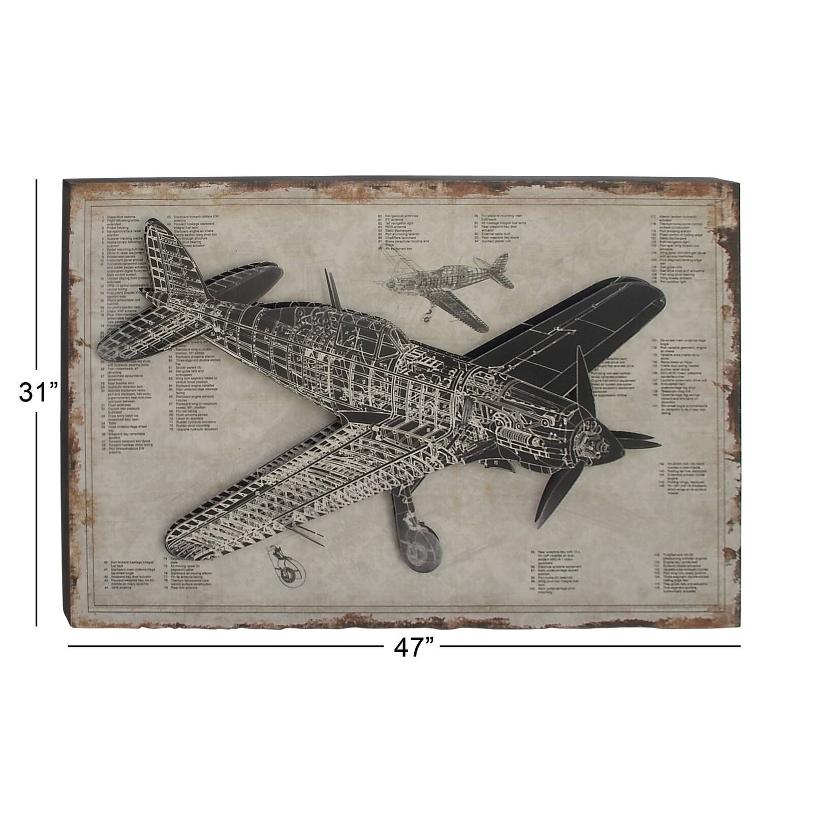 47" White Wood Industrial Plane Blueprint Wall Décor
