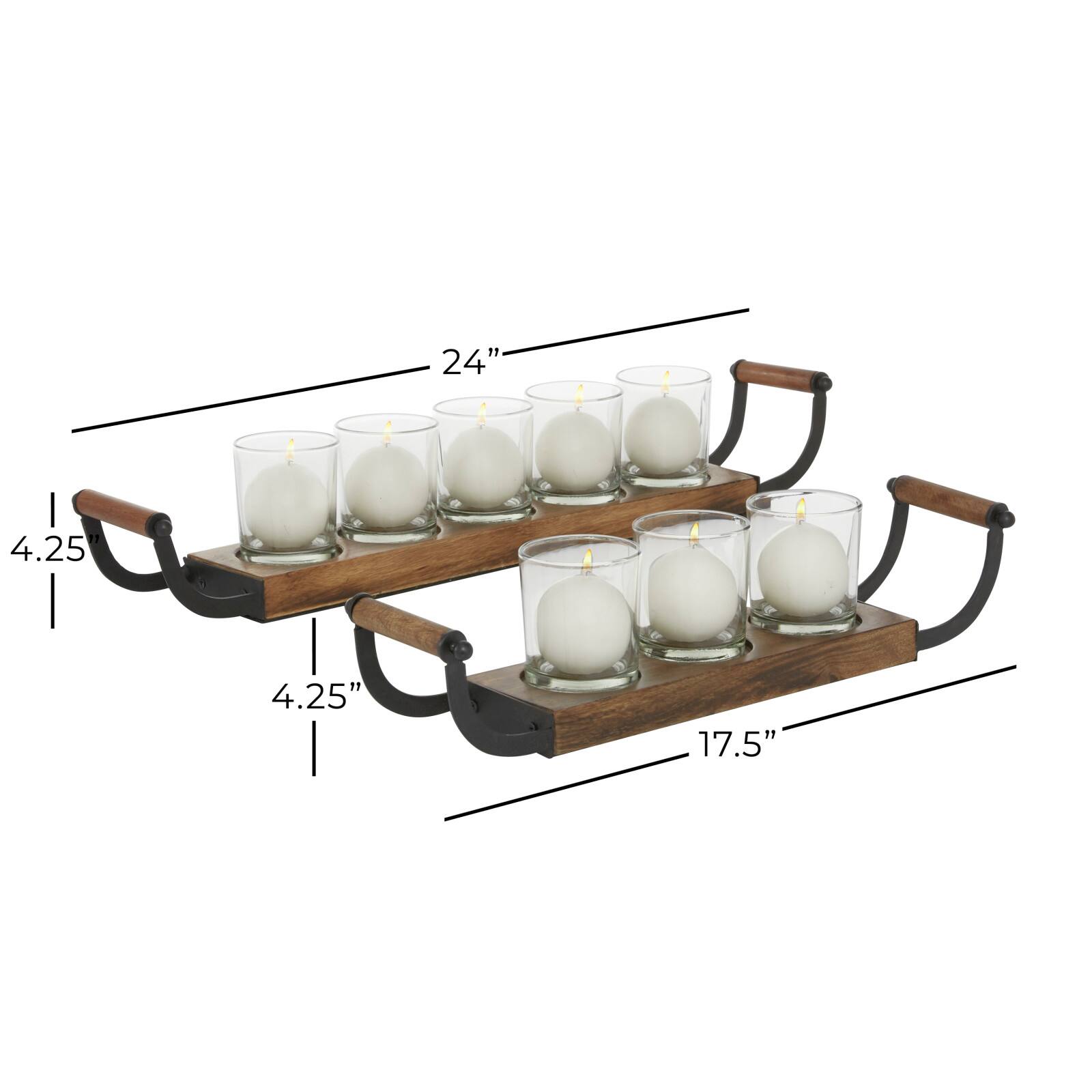 Set of 2 Brown Mango Wood Traditional Candle Holder, 17.5&#x22;, 24&#x22;