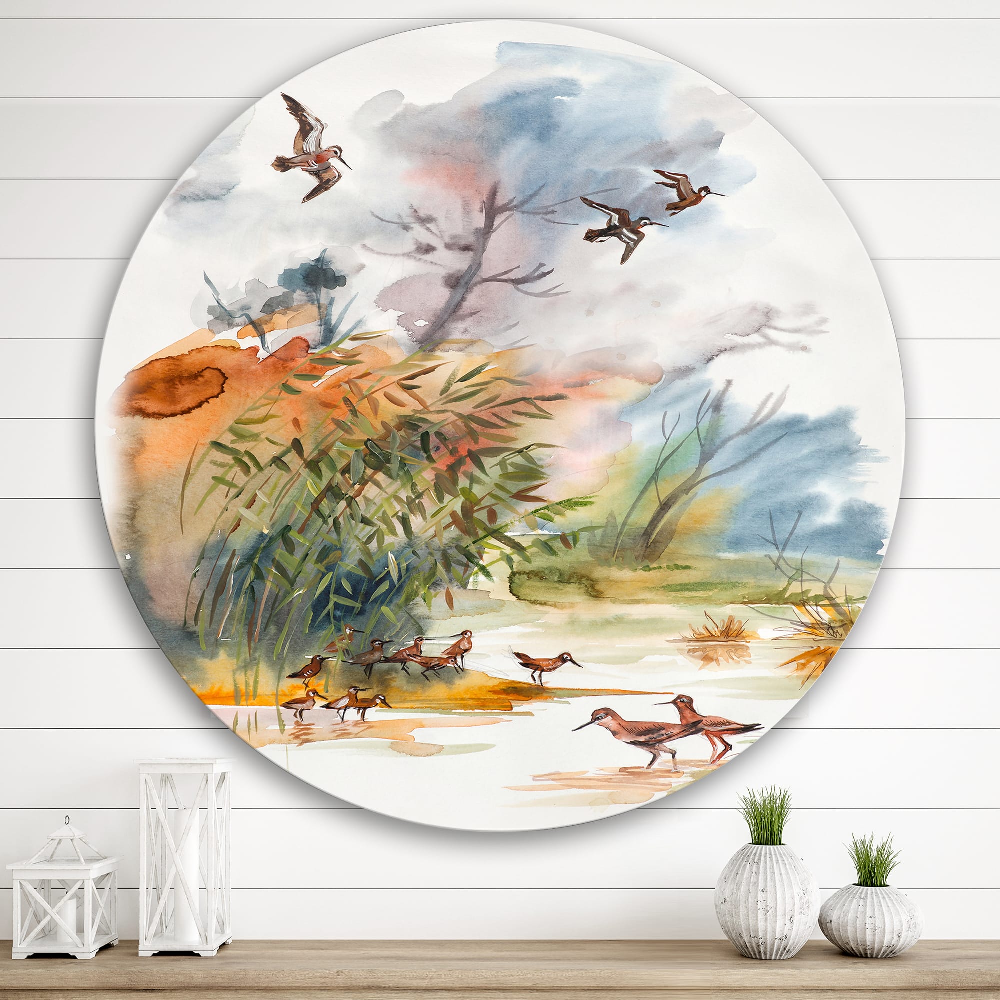 Designart - Autumn Landscape With Flying Over The Water - Traditional Metal Circle Wall Art