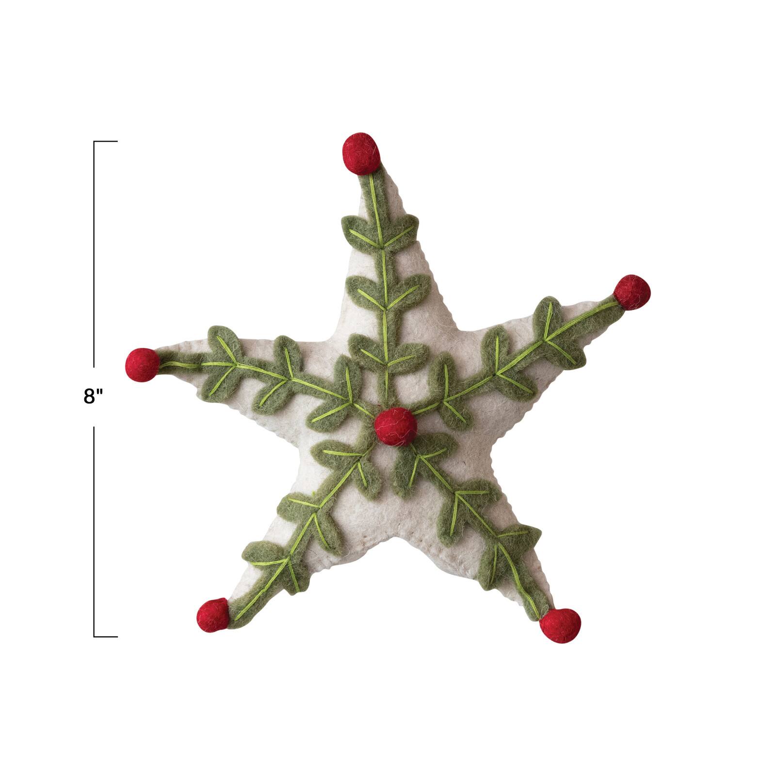 Hello Honey&#xAE; 8&#x22; Handmade Wool Felt Star Tree Topper with Holly Leaves, Berries &#x26; Embroidery