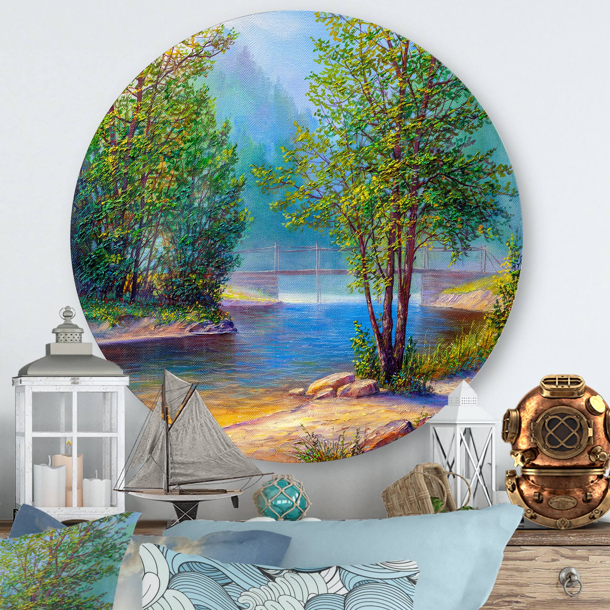 Designart - Green Trees By The Riverside - Traditional Metal Circle Wall Art